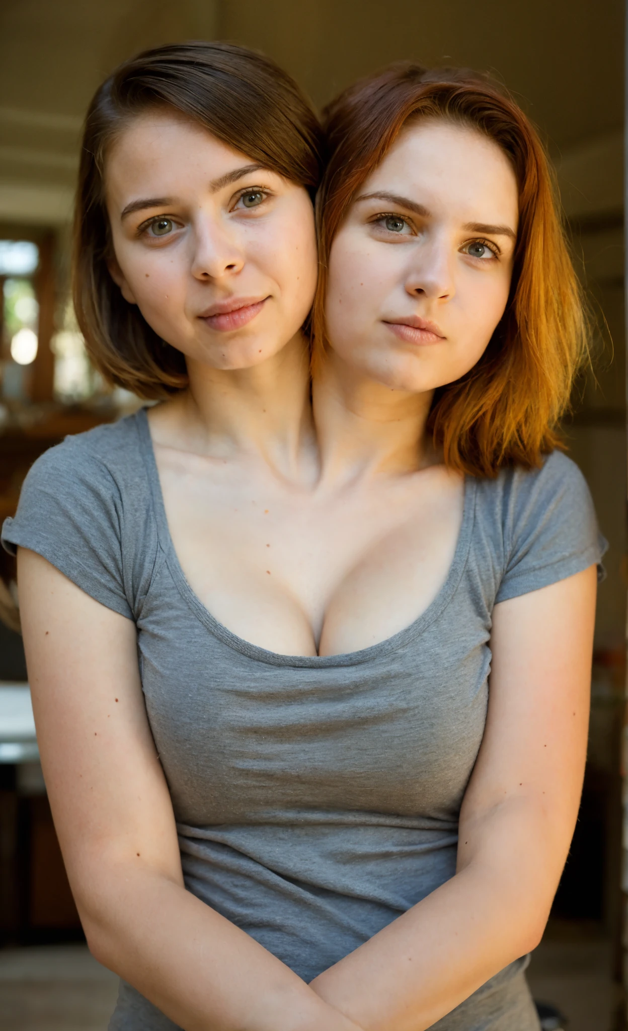 Two headed girl, (13 year old daughter next to her 40 year old mom:1.5), (uncomfortable:1.5), (daughter is blonde:1.3), (mom is jewish redhead:1.3)