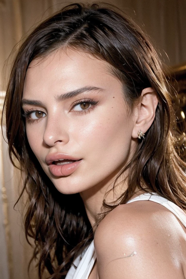 emily ratajkowski acaricia la mejilla de Bella Thorme con la lengua mirada de deseo