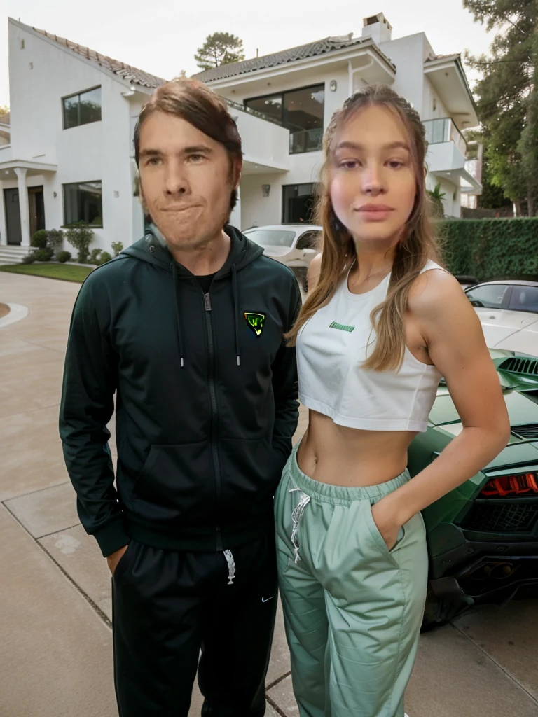 A guy stands with a very beautiful girl in a tracksuit, Luxury Living, billionaires, minimalist house and green Lamborghini Huracan in the background