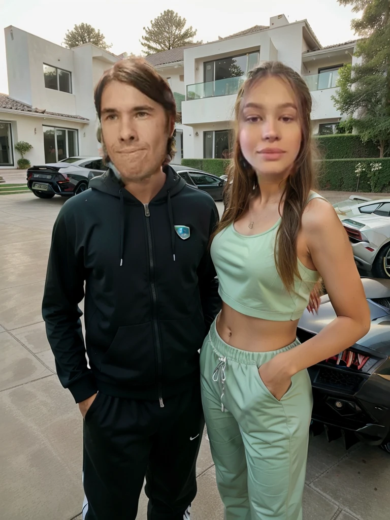 A guy stands with a very beautiful girl in a tracksuit, Luxury Living, billionaires, minimalist house and green Lamborghini Huracan in the background