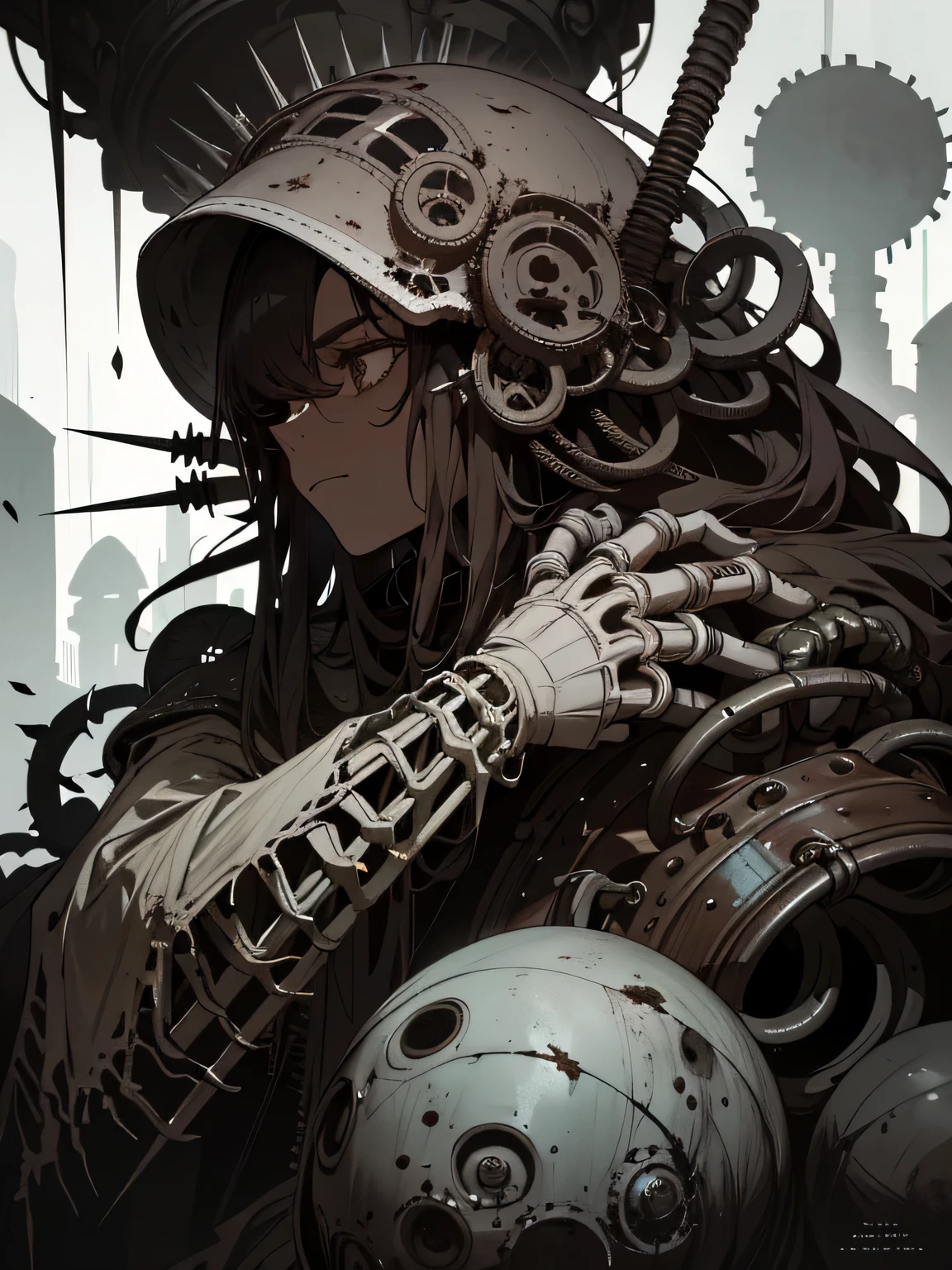 horror art, A gloomy world, Dark Fantasy, ((Portrait)), dark machine gun girl, ((dark brown skin)), (highly detailed mechanized face), sharp white helmet, dark mechanisms, ((massive rings on hands)), (holding a massive needle), a lot of black liquid, Distortion, abandoned world, (highly detailed abandoned medieval cityscape), grey mist