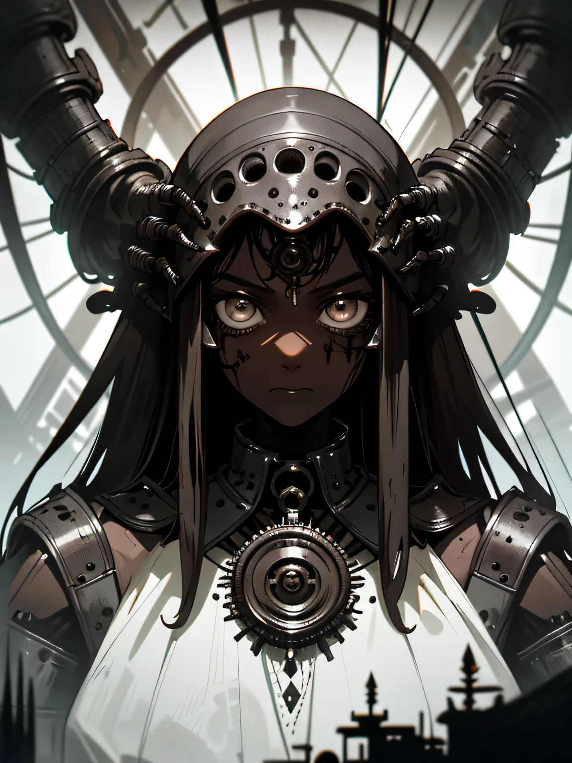 horror art, A gloomy world, Dark Fantasy, ((Portrait)), dark machine gun girl, ((dark brown skin)), (highly detailed mechanized face), sharp white helmet, dark mechanisms, ((massive rings on hands)), (holding a massive needle), a lot of black liquid, Distortion, abandoned world, (highly detailed abandoned medieval cityscape), grey mist