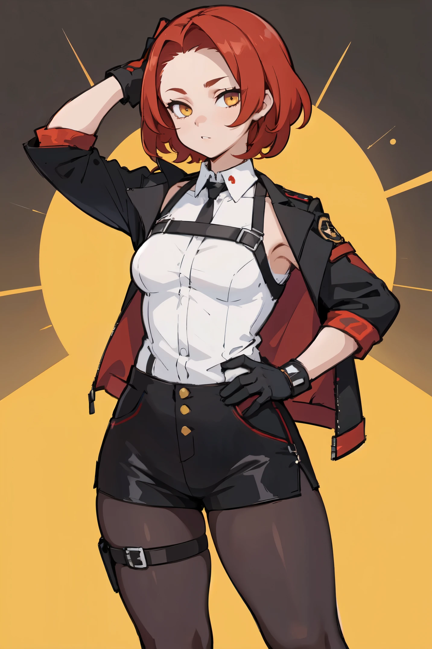 1girl, young woman, solo, short hair, Small  hair, (forehead:1.2), yellow eyes, sharp ocular posture, (scarlet red hair), light brown skin tone, Athletic, muscular, medium breasts, (cropped jacket, black jacket), white shirt, collared shirt, (chest harness, shoulder strap:1.15), black leather shorts, pantyhose 7/8, garter belt, gloves, elegant, looking at viewer, standing, mustard color background, masterpiece, best quality, 4k