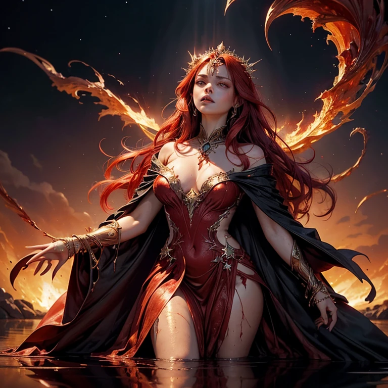 stars spin in the air, A goddess of death, ruby gemstone eyes, empty expression, cold eyes, standing on a rippled flaming surface. gold ornaments, dress gradient from red to black. Looking up. Reflection. Overhead viewpoint. Torn up dress and torn up cloak. Long and flowing blood red hair.