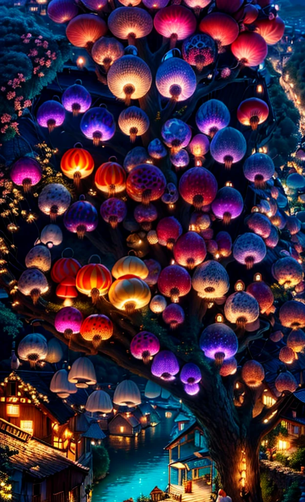 Light up the colorful mushroom forest,world in a bottle,A fairyland-like hideaway,Colorful mushroom house,a fairy world,夏天,Seafront,Rios,tree house,sunflower fields,lavender,mountain ranges,mountain peak tree,a small medieval village, Italy, are present, medieval town, medieval village, FantasyItaly, quaint village, Italy杰作, medieval coastal village, medieval town landscape、Cobblestone road、View from the street、Behold