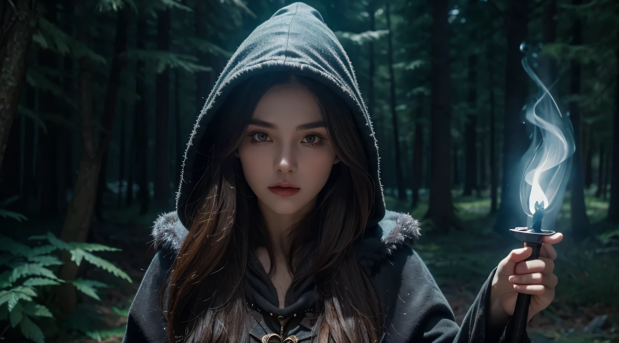 1girl, witch, potion, hood, brown hair, detailed eyes, detailed lips, seal, staff, rune, magic, aura, dark forest, mystic atmosphere, glowing moonlight, smokey background, fantasy scenery, highres, realistic, vibrant colors, sharp focus, enchanting vibes, ancient spell, hidden power, bewitching beauty