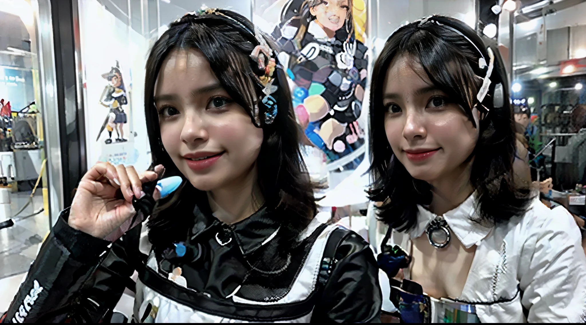 an Ultra realistic robotic woman, 3 belezas,Charming woman holding microphone and singing with hand,Mulheres bonitas com figura perfeita,pele branca bonita,Olhos bonitos,bright lips,lovely smile,cabelos brancos,Wear a futuristic Lolita bikini outfit in white and black design,Fones de ouvido com funcionalidade,Sentado dentro da nave espacial, segurando no microfone e cantando, usando o fone Gamer, nua, pelada, a woman with a robotic body, with details on the metal arms, com o rosto Ultra realista, holding the microphone and singing a song,