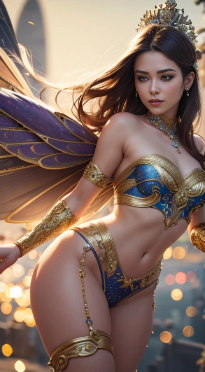 A gorgeous fairy, european face,  perfect and ultra-detailed face, perfect and ultra-detailed body, moviment pose, slow motion, Shining wings with magnificent feathers, beautiful and detailed outfit, Colors and jewels, carries flowers, She is sweet and beautiful, full of magic and  , Ultra realistic, Cinematic lighting, glitter and small lights, beautiful Luxurious and ultra detailed scenery,               
Magnificent, breathtaking beauty，Complex patterns，Palaces，(Recuo da pele:1.5), realist, realistic, (master part:1.5), Concept-art, intricate details, highly-detailed, realistic, rendering by octane, 8k, dynamic poses, Best quality at best, A high resolution, (photorealistic face:1.1), (hyper-realistic:1.1),  perfect face,(peles brilhantes:1.2),  Radiant Force,  smog, magic, ((Dramatic)), epics batles., Depth of field,  bokeh,