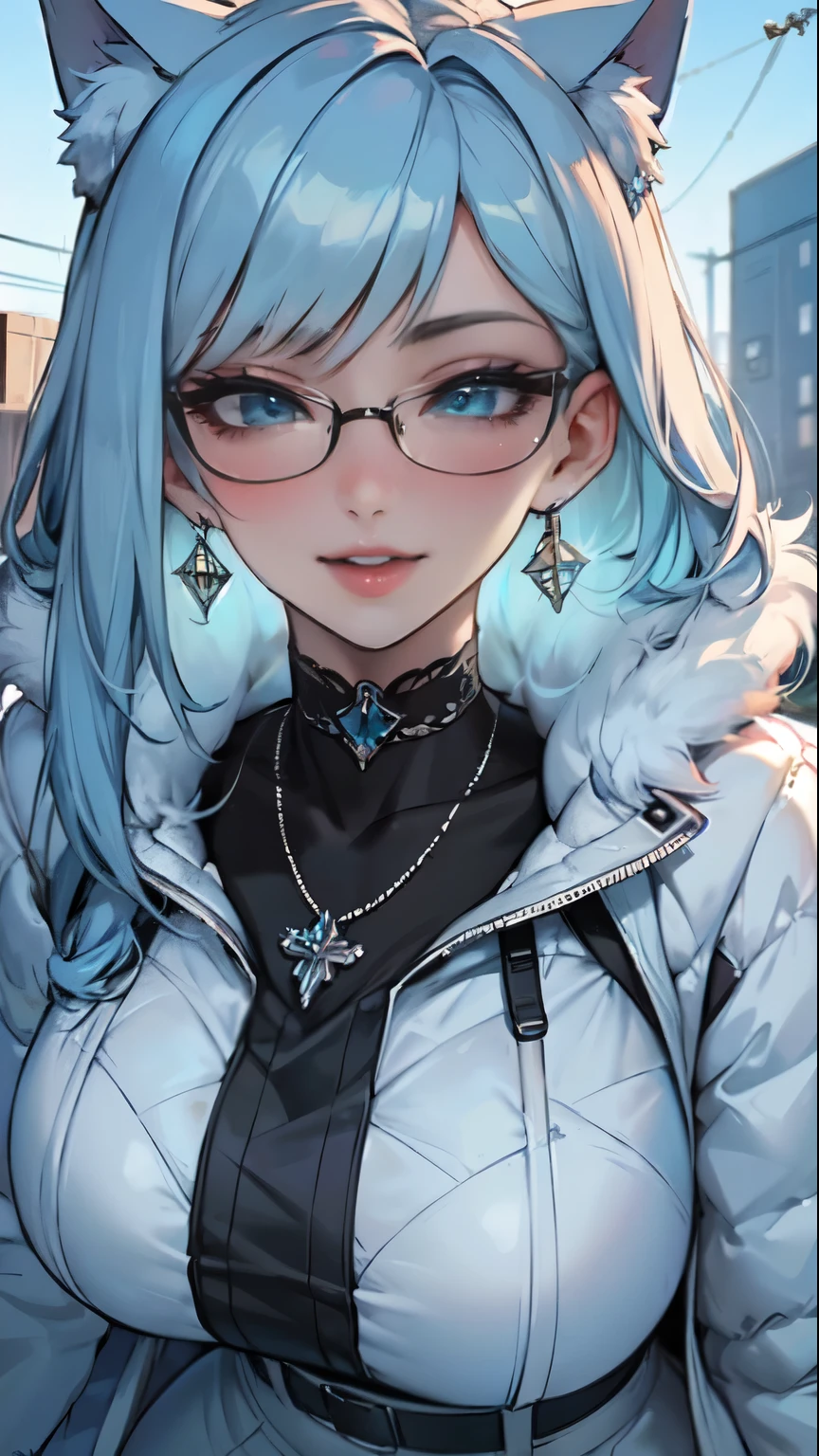 Masterpiece, beautiful art, professional artist, 8k, art style by sciamano240, very detailed face, very detailed hair, very detailed clothes, 1girl, perfectly drawn body, beautiful face, long hair, light blue hair , very detailed blue vertical cat eyes, square glasses, pouty lips , rosey cheeks, intricate details in eyes, extreme close up of face, see only head and neck, staring directly at viewer, sweater, winter coat, necklace, choker, earrings, gloves, pencil skirt, black tigh boots, wedding ring, big wide grin, in love with the viewer expression, sunny winter setting, walking outside,