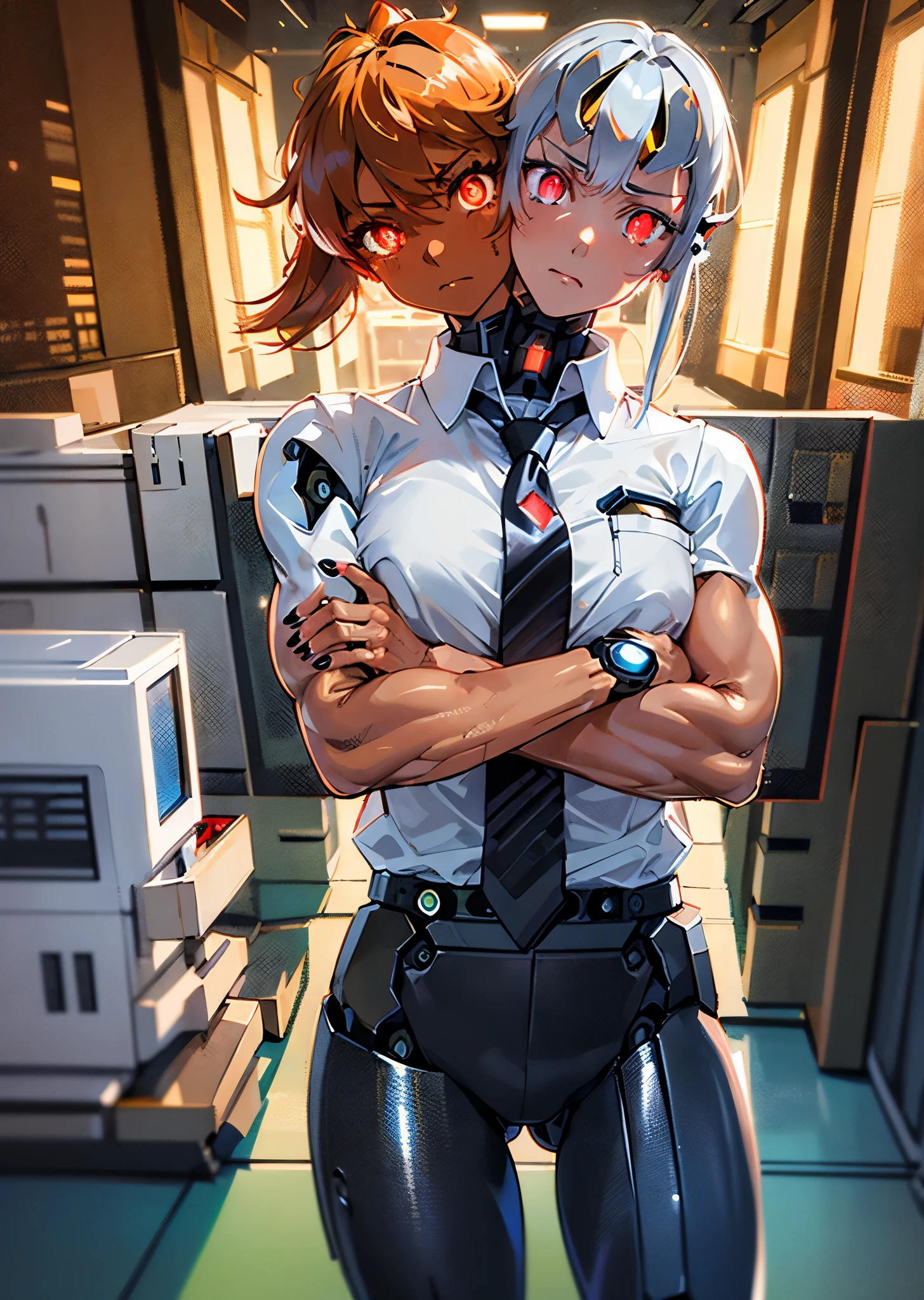 (2heads:1.4), 1girl, expressionless, closed mouth, crossed arms, long silver hair, ponytail, sidelocks, red eyes, glowing eyes, bright pupils, red suit, white collared shirt, necktie, black pants, office space, office interior, light shaft, light rays, cowboy shot, (cyborg:1.6), (tan skin:1.6), black nails, (muscular arms:1.2)