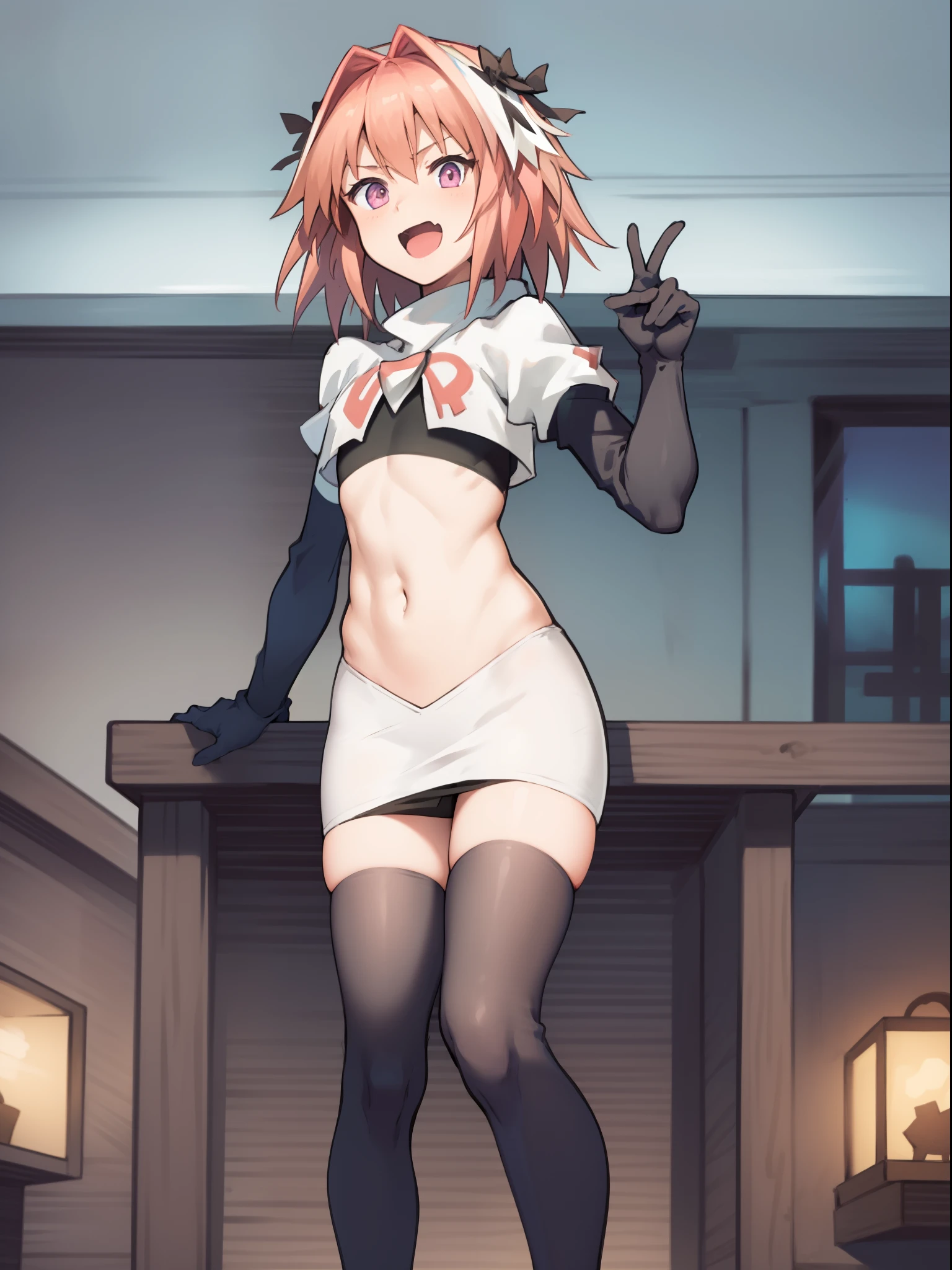 absurdres, masterpiece, best quality, (astolfo fate:1.2155), 1boy, male focus, trap, pink multicolored hair, pink hair, white hair, hair intakes, long hair, pink detailed eyes, crossdressing,1boy, team rocket,team rocket uniform, red letter R, white skirt,white crop top,black thigh-highs,black elbow gloves