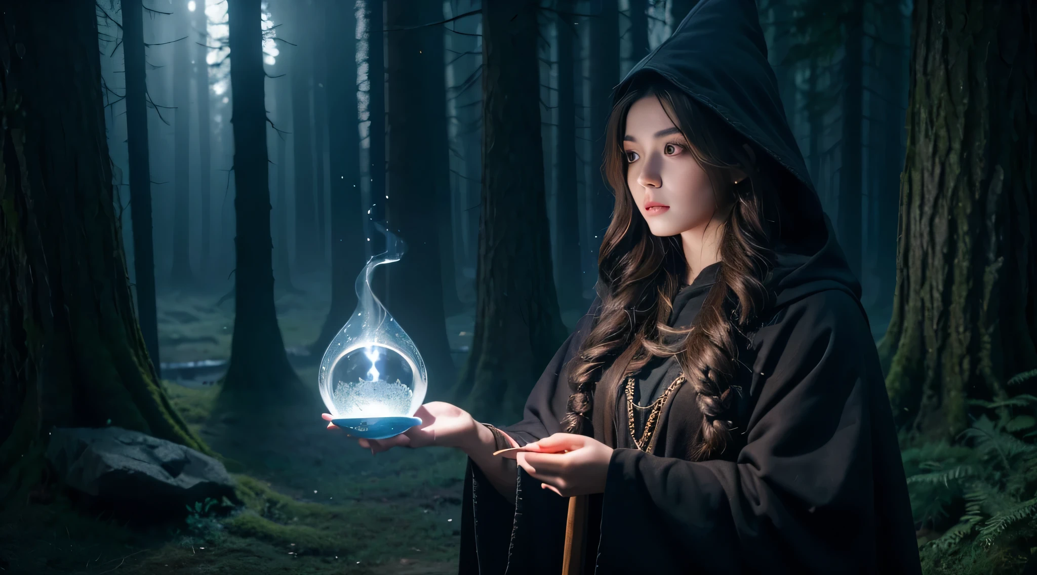 1girl, witch, potion, hood, brown hair, detailed eyes, detailed lips, seal, staff, rune, magic, aura, dark forest, mystic atmosphere, glowing moonlight, smokey background, fantasy scenery, highres, realistic, vibrant colors, sharp focus, enchanting vibes, ancient spell, hidden power, bewitching beauty