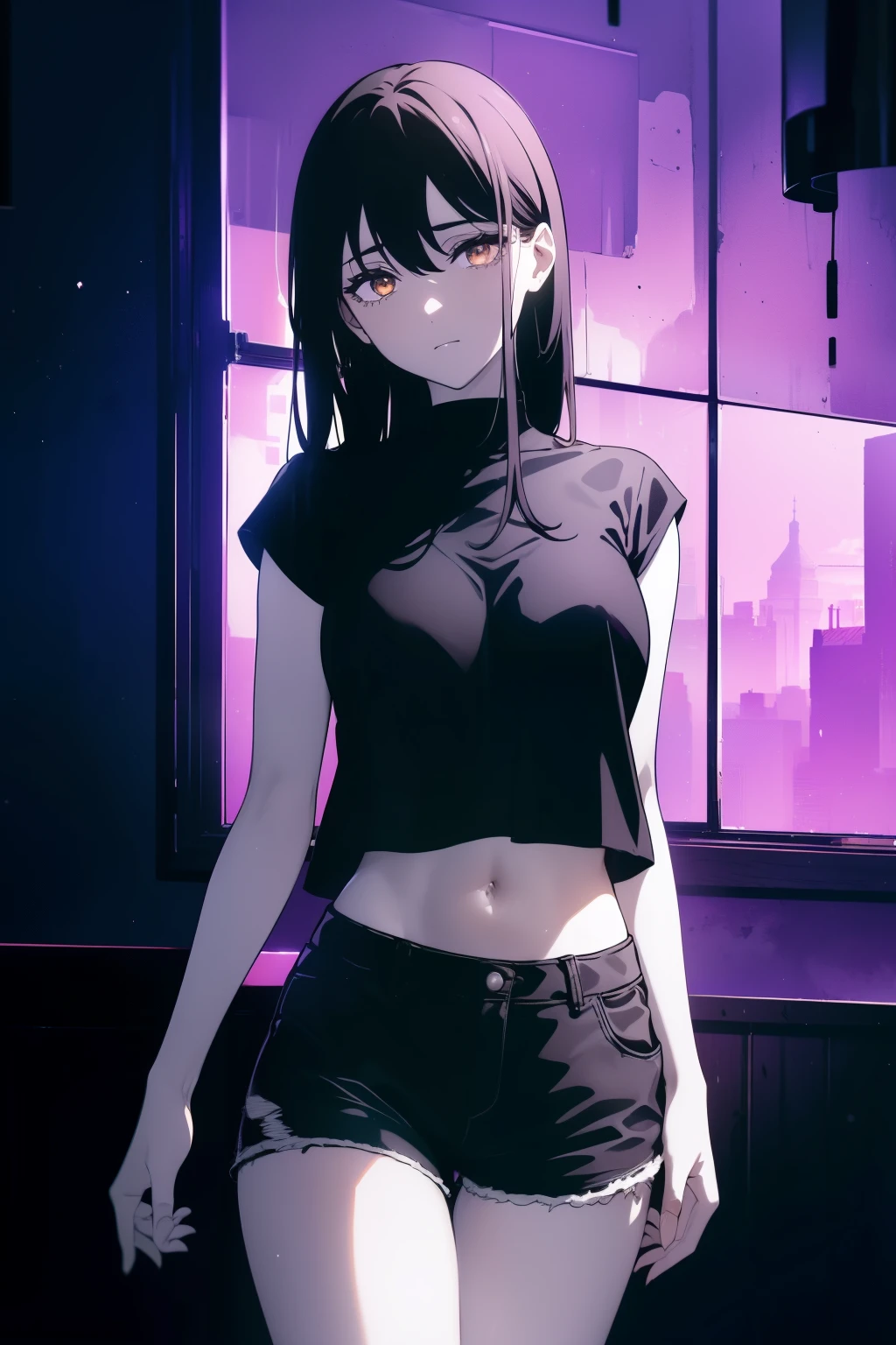 ((((Obra maestra, La mejor calidad, ultrahigh resolution)))), 1girl, dancing, partying, black t-shirt, jean shorts, (black hair, dark black hair over eye:1), long hair cut, pale skin, ((brown eyes)), (glowing_eyes), (ultra detailed eyes:0.7, beautiful and detailed face, detailed eyes:0.9), ((centered)), ((over joyed expression)), ((wide shot)), facing viewer, (((indoor part, purple and black lights, black dancing silhouettes:0.9, rave:1))), medium breasts, looking at viewer, ((half closed eyes)), ((perfect hands)), (((head:1, arms, hips in view, elbows, thighs, in view))), ((hands behind back)), empty eyes, beautiful lighting, outside, outdoors, background, defined subject, 25 years old, (head tilt), (((cool))), ((lively))