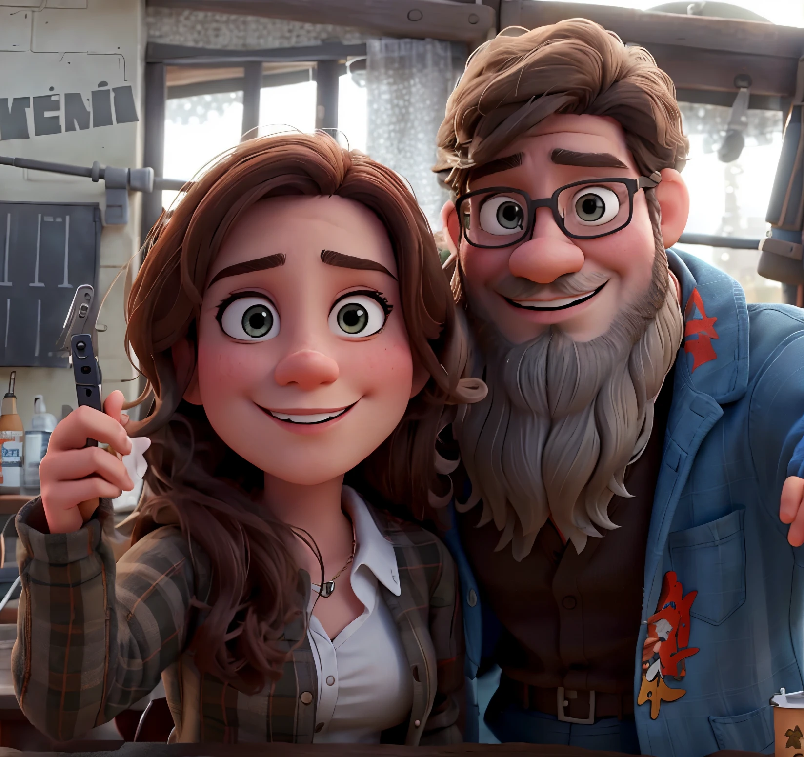 there is a man with white beard with marines hat with shades on top and woman with b brown hair taking a selfie picture, Pixar cartoon style, Disney character style, Pixar style