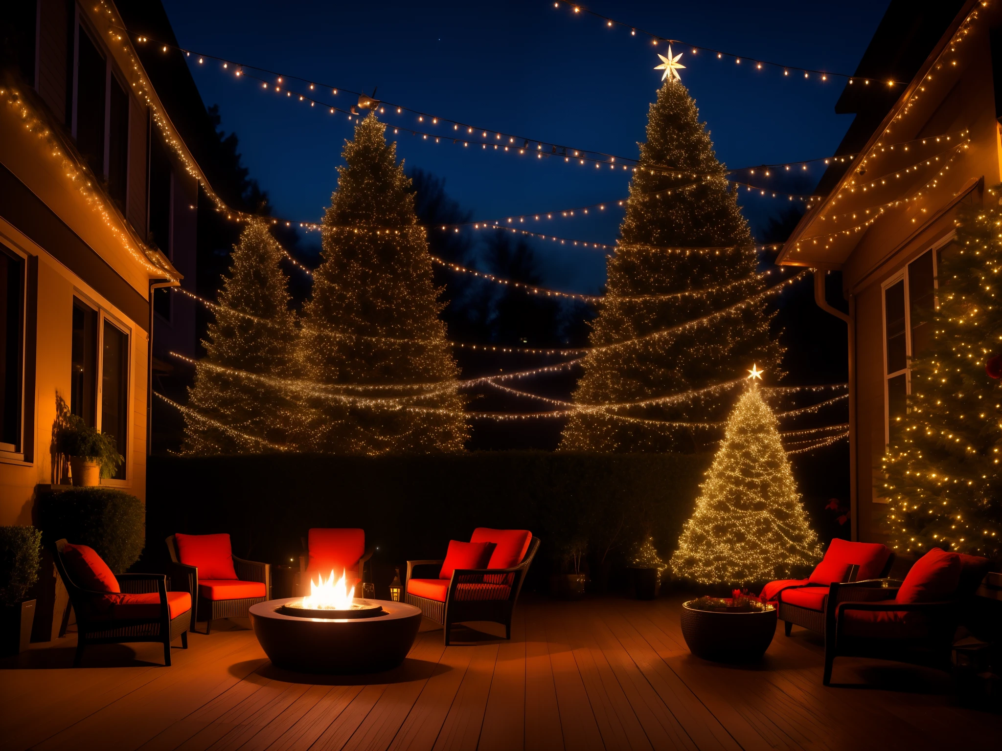 at night, a Boeing about to land on a terrace lit up with blue and red Christmas lights