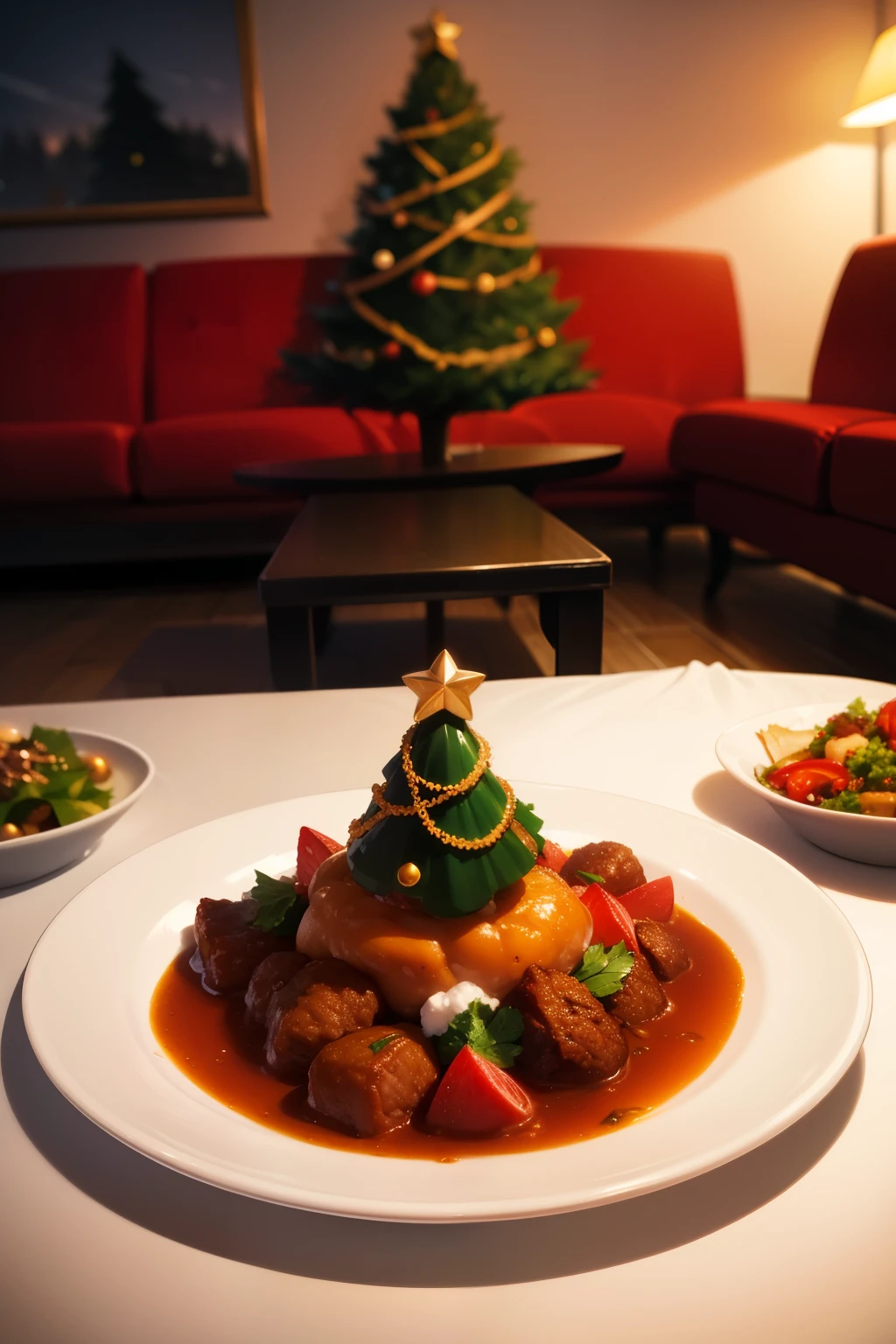A Christmas dinner party with various cuisines, in the shape of Xmas tree, dark red and light gold, xmaspunk, gutai group, full of details, uniformly staged