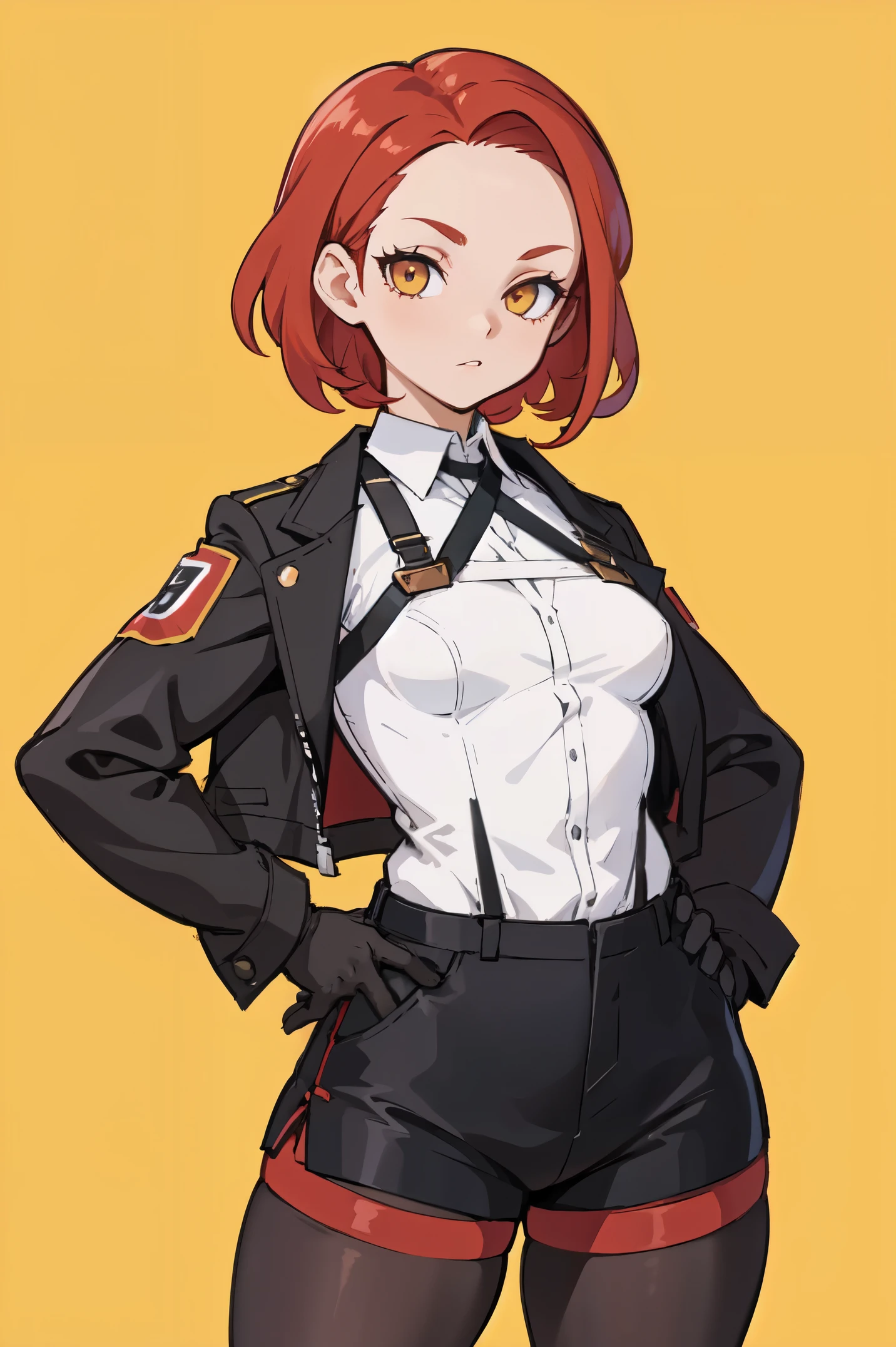 1girl, young woman, solo, short hair, Small  hair, (forehead:1.2), yellow eyes, sharp ocular posture, (scarlet red hair), light brown skin tone, Athletic, muscular, medium breasts, (cropped jacket, black jacket), white shirt, collared shirt, (chest harness, shoulder strap:1.15), black leather shorts, pantyhose 7/8, garter belt, gloves, elegant, looking at viewer, standing, mustard color background, masterpiece, best quality, 4k