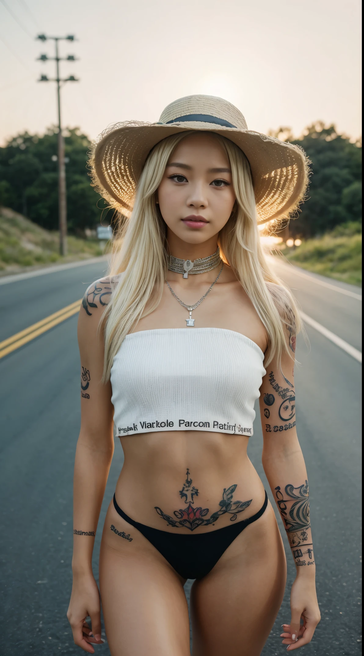 50 years old, gorgeous cute  American girl, smirk, freckles, polaroid photo, (dark skin:1.5), (platinum blonde hair:1.5), arafed woman in a hat and top standing on the side of the road, wearing a chocker and cute hat, with sunset, roseanne park of blackpink, in style of petra collins, profile pic, in the sunset, gemma chen, with a sunset, with straw hat, sun yunjoo, xision wu, leaked image, lalisa manoban of blackpink, badass look, famous beautiful model, good young girl, (masterpiece:1.0),(best_quality:1.0), ultra high res,4K,ultra-detailed, photography, 8K, HDR, highres, absurdres:1.2, Kodak portra 400, blurry background, bokeh, lens flare, (vibrant_color:1.2),professional photograph, (the_tattoo:1.4), (beautiful_face:1.5),(narrow_waist). --v 6