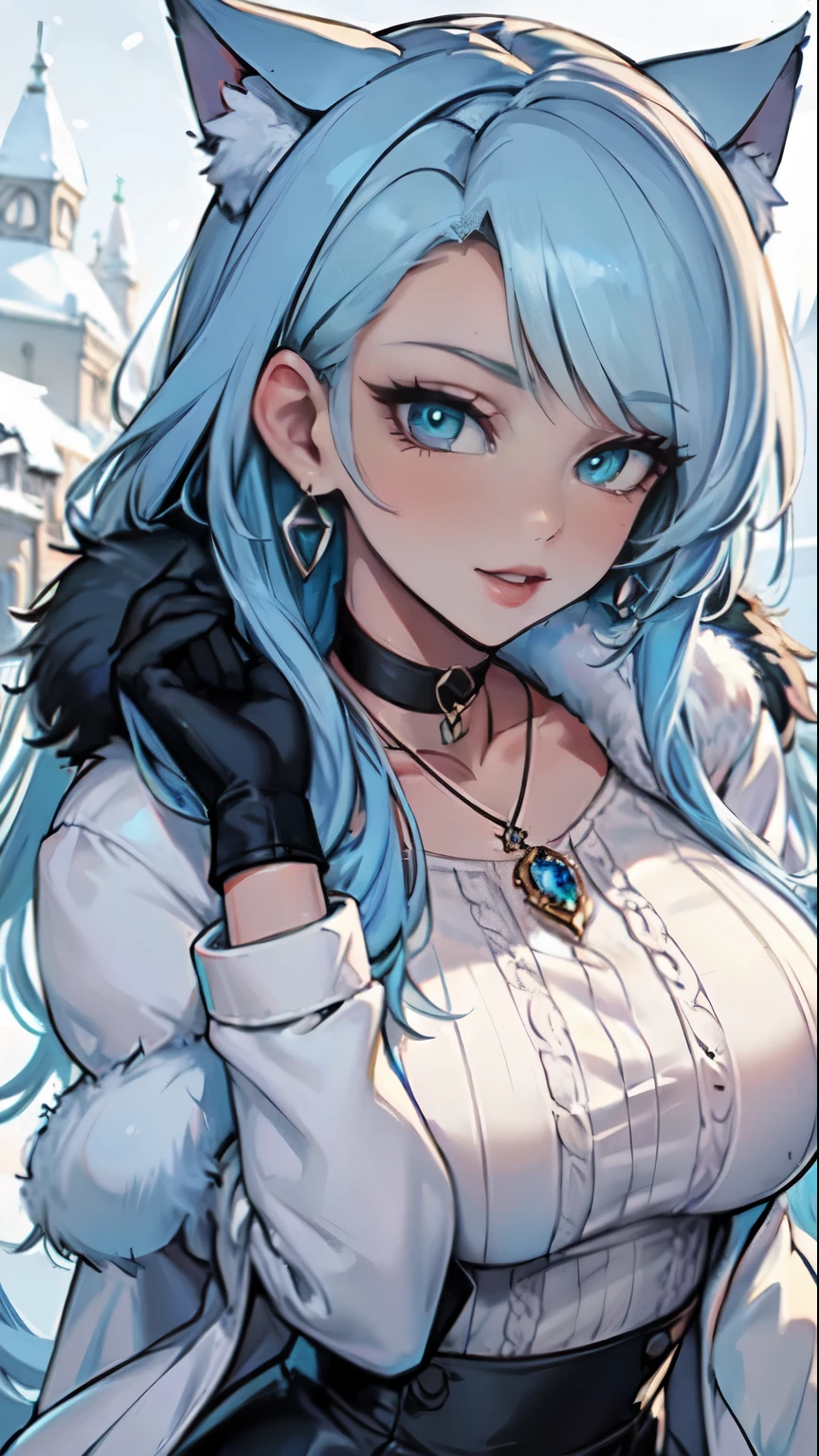 Masterpiece, beautiful art, professional artist, 8k, art style by sciamano240, very detailed face, very detailed hair, very detailed clothes, 1girl, perfectly drawn body, beautiful face, long hair, light blue hair , very detailed blue vertical cat eyes, square glasses, pouty lips , rosey cheeks, intricate details in eyes, extreme close up of face, see only head and neck, staring directly at viewer, sweater, winter coat, necklace, choker, earrings, gloves, pencil skirt, black tigh boots, wedding ring, smiling, in love with the viewer expression, sunny winter setting, walking outside,