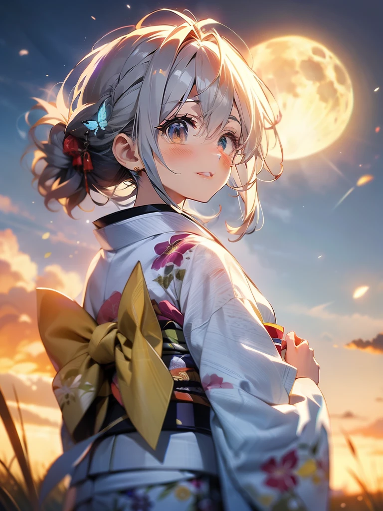 in 8K、top-quality、masterpiece、ultra-detailliert、Ultra-high resolution、Anime style、1 kimono Girl、校服、Pampas grass steppe、fullmoon、moonlights、Check kimono、kimono flipping in the wind、dance、A delightful、perspiring, kimono, grey hair, silver hair, eyelash, happy, butterfly,