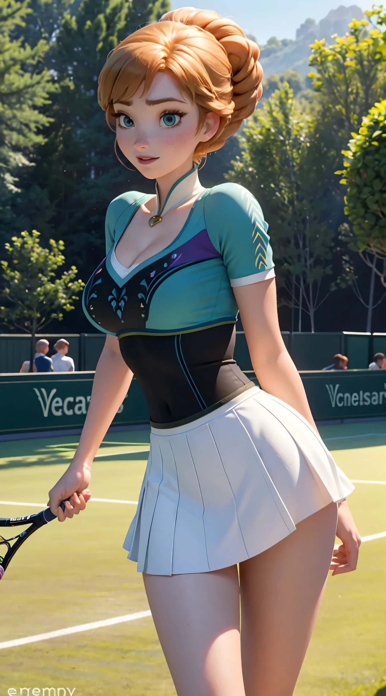Photo of Anna of Arendelle as a tenis player, tenis court, tenis clothes, tenis outfit, action: playing tenis, Anna from Disney Frozen movie, tall and sexy, superb face, perfect body, provocative, Nice, show breasts, huge breasts, tall, sexy legs, bursting huge breasts, wide hips, busty, sexy, enormous breasts, happy.
