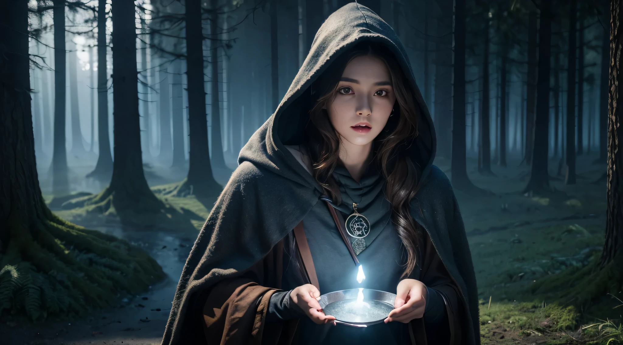 1girl, witch, potion, hood, brown hair, detailed eyes, detailed lips, seal, staff, rune, magic, aura, dark forest, mystic atmosphere, glowing moonlight, smokey background, fantasy scenery, highres, realistic, vibrant colors, sharp focus, enchanting vibes, ancient spell, hidden power, bewitching beauty