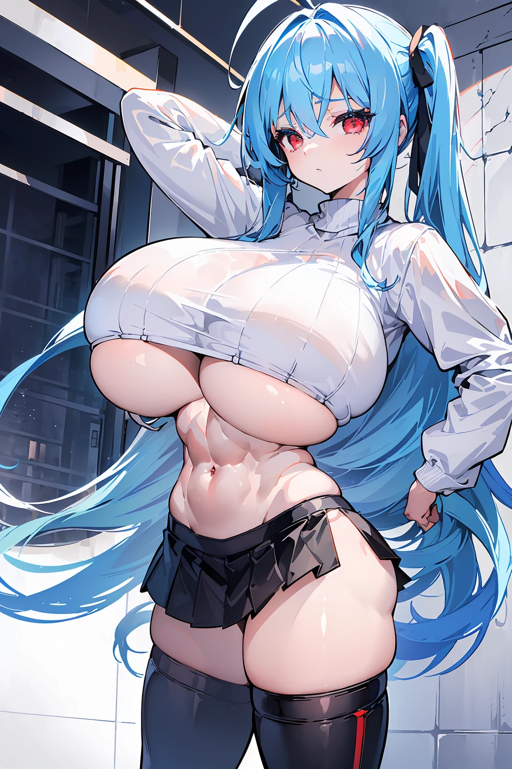 1girl, ((gigantic breasts, bursting breasts, skindentation, abs, muscular, narrow waist)), light blue hair, twintails, hair between eyes, long hair, ahoge, red eyes, (white sweater, black skirt, midriff, underboob, from below), indoors