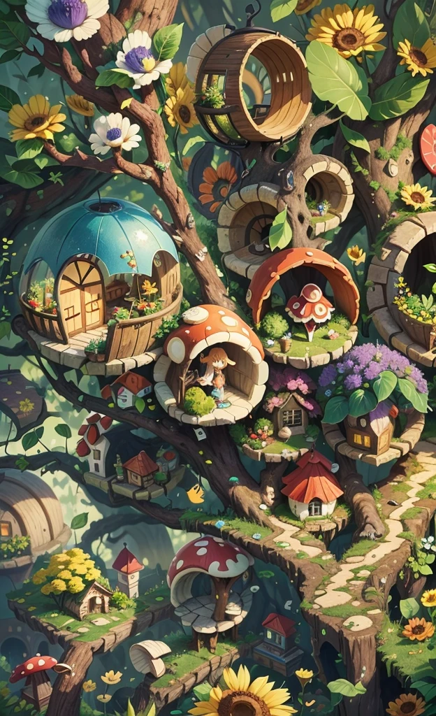 Light up the colorful mushroom forest,world in a bottle,A fairyland-like hideaway,Colorful mushroom house,a fairy world,夏天,Seafront,Rios,tree house,sunflower fields,lavender,mountain ranges,mountain peak tree,a small medieval village, Italy, are present, medieval town, medieval village, 幻想Italy, quaint village, Italy杰作, medieval coastal village, medieval town景观、Cobblestone road、View from the street、Behold