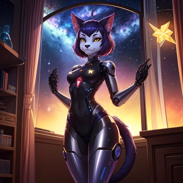 female, furry, metallic, robotic, android, robotic limbs, anthro, feline, cat, no clothes, small breasts, thin body, curved thighs, standing in bedroom , hands behind back, winking, legs spread, in front of window, science fiction, stars, galaxy, star ships, at night, dim light, high quality, masterpiece,