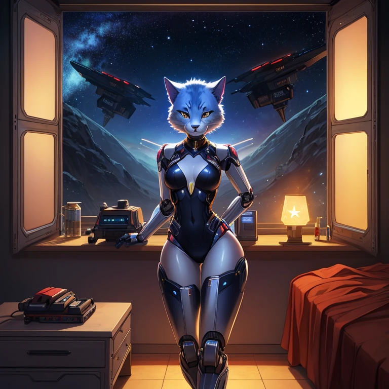 female, furry, metallic, robotic, android, robotic limbs, anthro, feline, cat, no clothes, small breasts, thin body, curved thighs, standing in bedroom , hands behind back, winking, legs spread, in front of window, science fiction, stars, galaxy, star ships, at night, dim light, high quality, masterpiece,