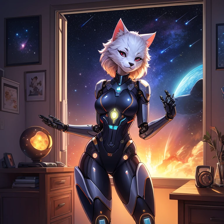 female, furry, metallic, robotic, android, robotic limbs, anthro, feline, cat, no clothes, small breasts, thin body, curved thighs, standing in bedroom , hands behind back, winking, legs spread, in front of window, science fiction, stars, galaxy, star ships, at night, dim light, high quality, masterpiece,