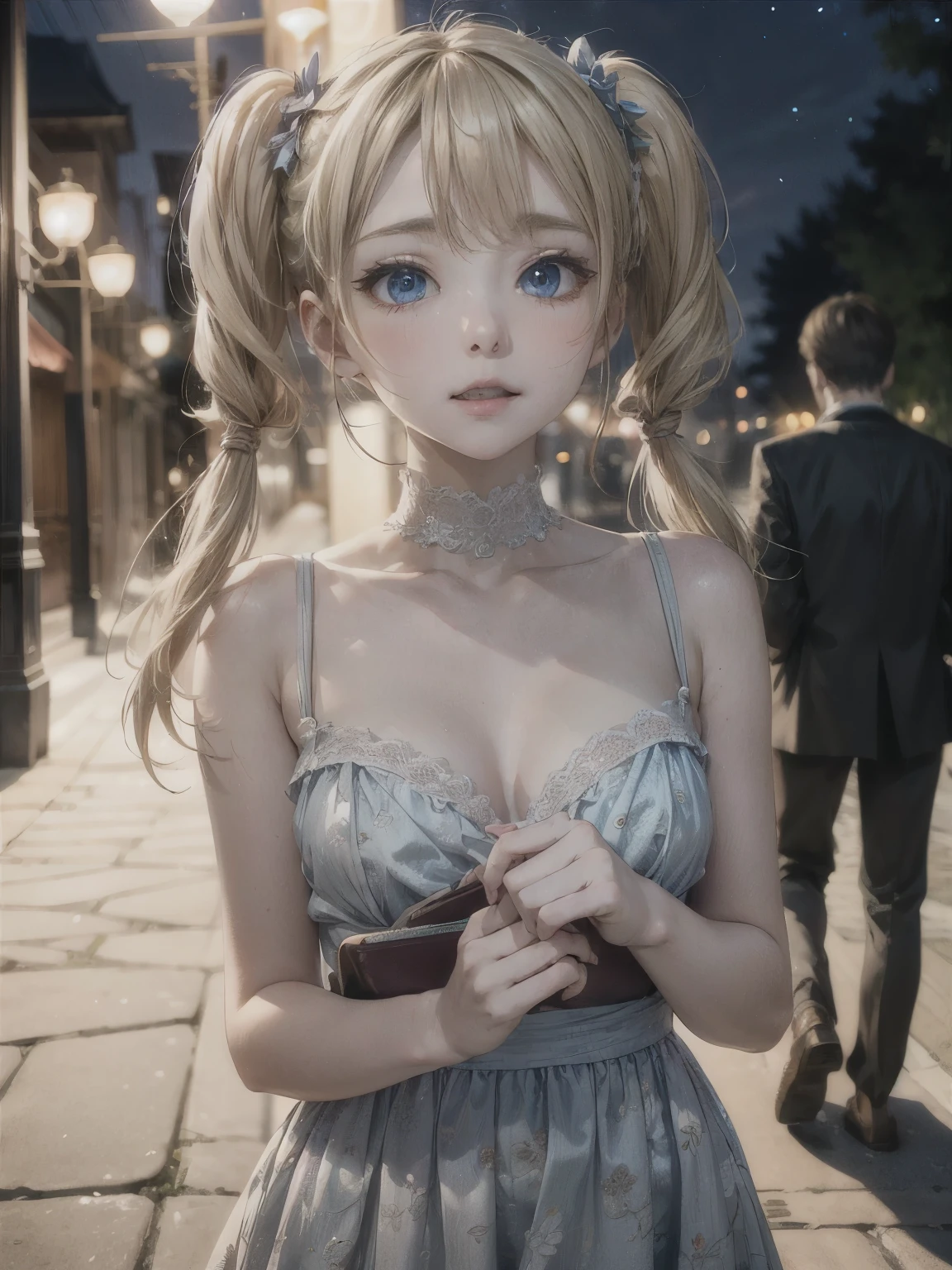 absurderes, (独奏:1.5)ultra-detailliert,extremely beautiful detailed anime face and eyes,Short hair,(Bangs parted in the middle:1.3),(Blonde hair with short twin tails:1.3), Shiny hair, Delicate beautiful face, red blush、(Deep Blue Eyes:1.3), White skin, hair clips,(Warm Summer Nights,romantic,whispering breeze,Moonlit path,memories,Forgiveness,transformational,growth),The air is filled with the essence of love, To melt even the most painful heart,bathed in the soft glow of moonlight. Walk along the tree-lined avenue, During the walk, I can't help but look at my old self, Those who gazed at this scene with longing eyes,Symbol of love,Choose to walk the path of honesty and trust.,This road may be long,With the warmth of a summer night、Embrace the love that fills your heart,