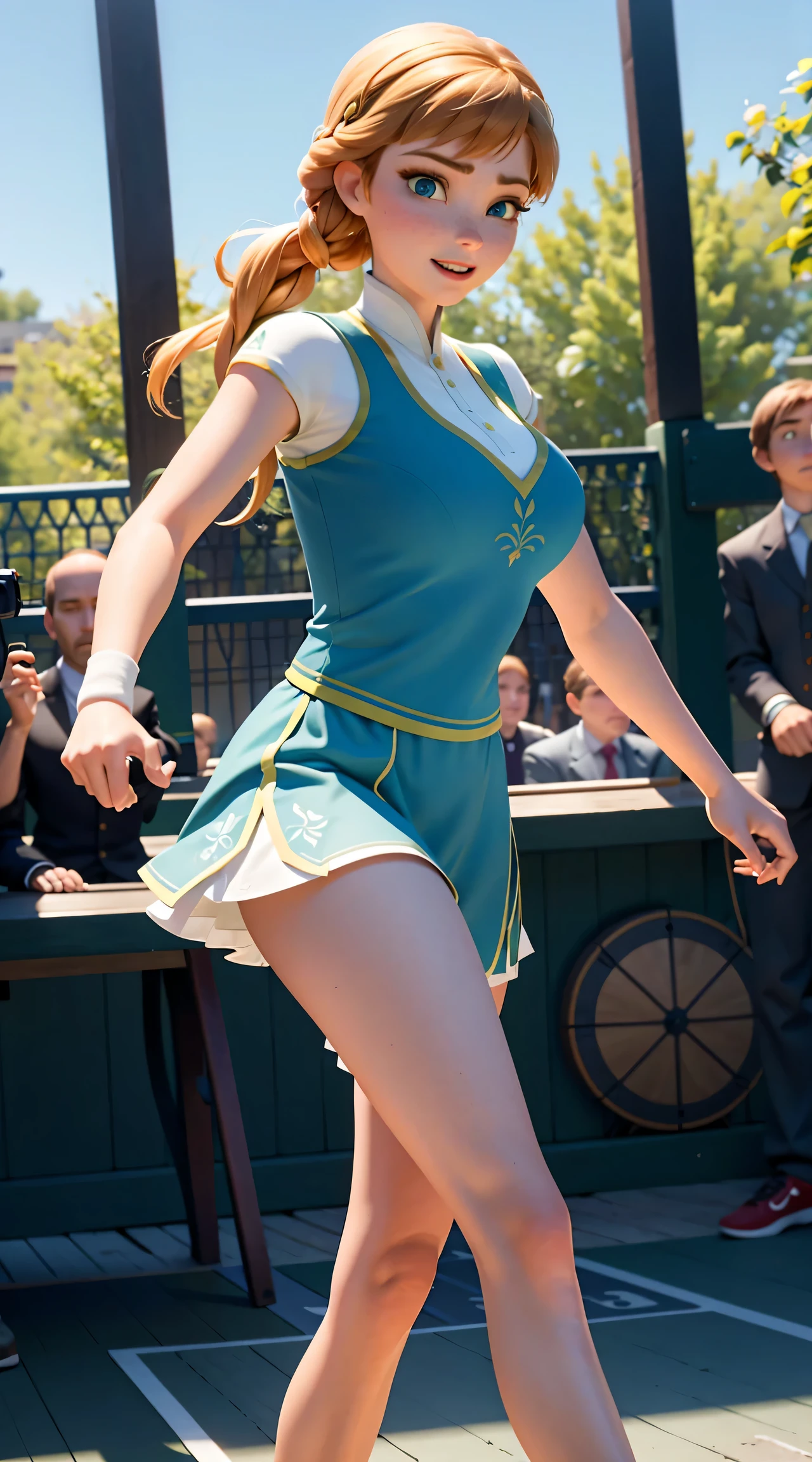 Photo of Anna of Arendelle as a tenis player, tenis court, tenis clothes, tenis outfit, action: playing tenis, Anna from Disney Frozen movie, tall and sexy, superb face, perfect body, provocative, Nice, show breasts, huge breasts, tall, sexy legs, bursting huge breasts, wide hips, busty, sexy, enormous breasts, happy.