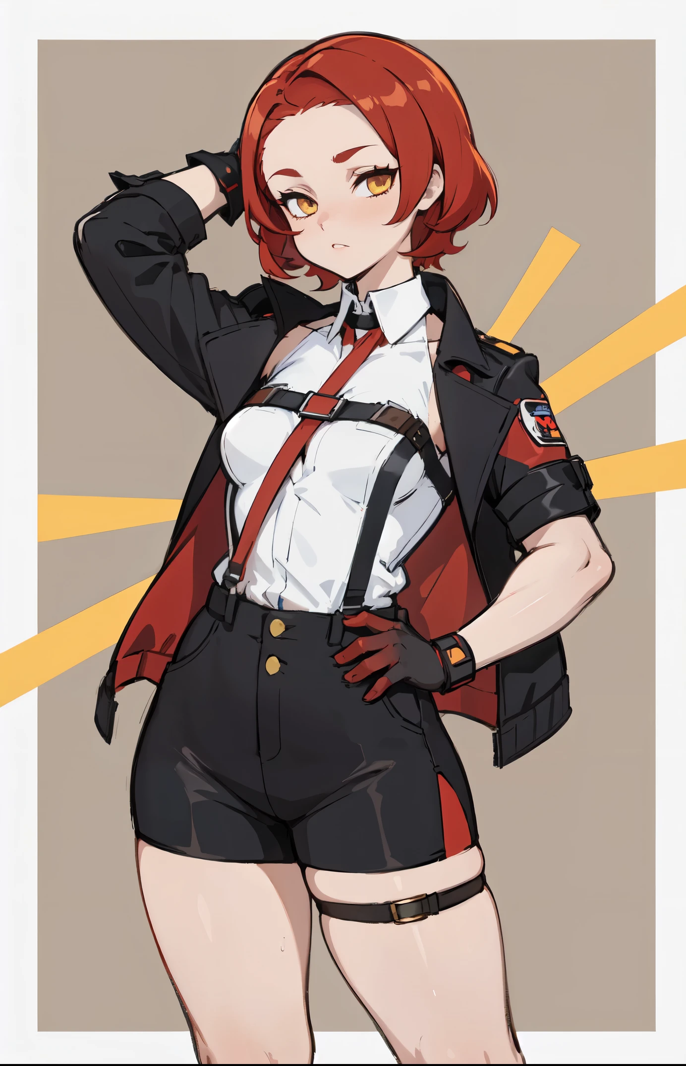 1girl, young woman, solo, short hair, Small hair, (forehead:1.2), yellow eyes, sharp ocular posture, (scarlet red hair), light brown skin tone, Athletic, muscular, medium breasts, (cropped jacket, black jacket), white shirt, collared shirt, (chest harness, shoulder strap:1.15), black leather shorts, pantyhose 7/8, garter belt, gloves, elegant, looking at viewer, standing, mustard color background, masterpiece, best quality, 4k