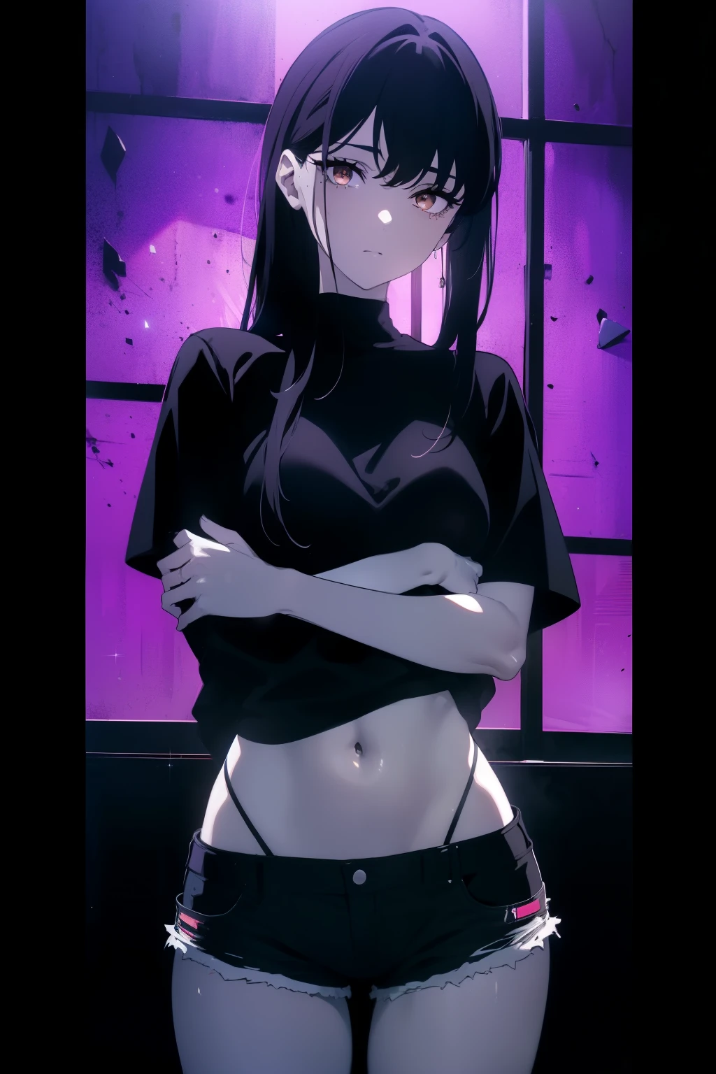 ((((Obra maestra, La mejor calidad, ultrahigh resolution)))), 1girl, posing, partying, black t-shirt, jean shorts, (black hair, dark black hair over eye:1), long hair cut, pale skin, ((brown eyes)), (glowing_eyes), (ultra detailed eyes:0.7, beautiful and detailed face, detailed eyes:0.9), ((centered)), ((over joyed expression)), (wide shot), facing viewer, (((indoor part, purple and black lights, black dancing silhouettes:0.9, rave:1))), medium breasts, looking at viewer, ((half closed eyes)), ((perfect hands)), (((head:1, arms, hips in view, elbows, thighs, in view))), ((hands behind back)), empty eyes, beautiful lighting, background, defined subject, 25 years old, (head tilt), ((cool)), ((lively))