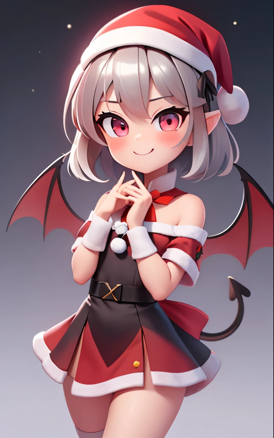 Pixar, 1girl in, Devilish appearance, (short silver hair:1.5), Eyes are red, Reaching out:1.5, blush, (Ahoge:1.2), eyes gentle, (A smile:1.2), Hair Bow, (Black devil wings and tail grow:1.3), Black sheep horns grow, (Red Santa Dresses:1.3), (Santa Hat:1.3), 独奏, Bangs, femele, Upper body