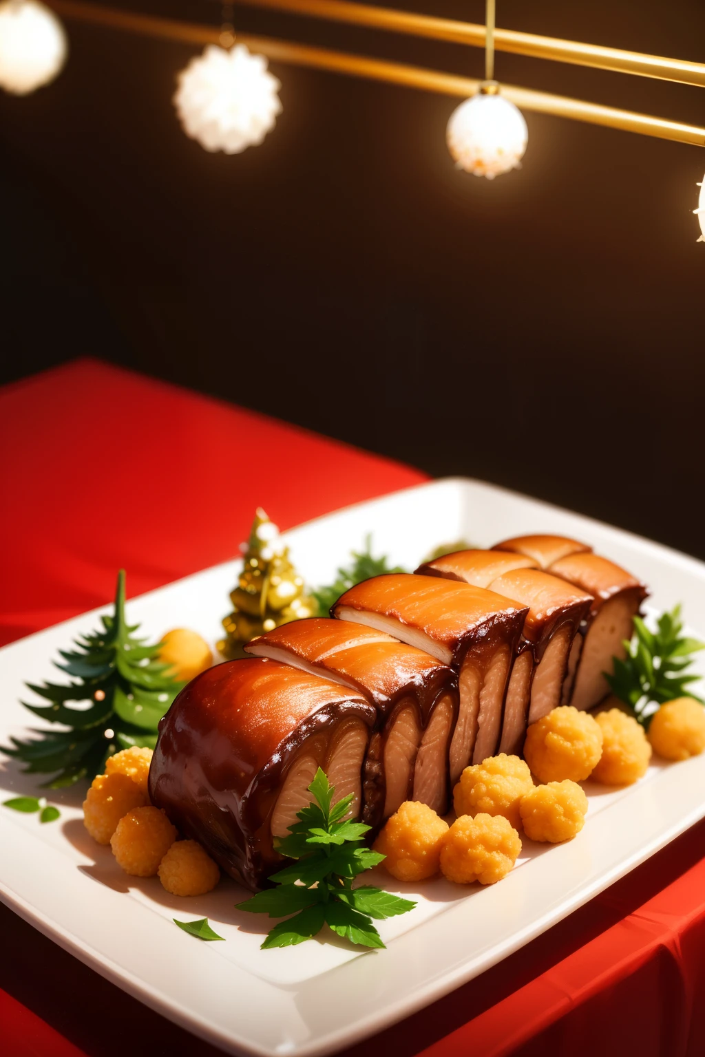 A Christmas dinner party with various cuisines, in the shape of Xmas tree, dark red and light gold, xmaspunk, gutai group, full of details, uniformly staged