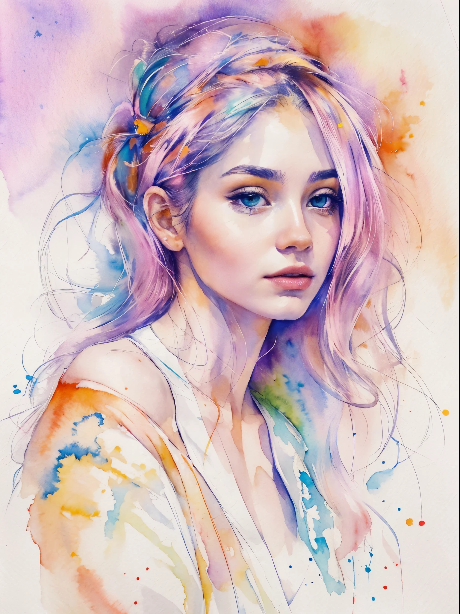 (8k, best quality, masterpiece:1.2),(best quality:1.0), (ultra highres:1.0), watercolor, a beautiful woman, shoulder, hair ribbons, by agnes cecile, half body portrait, extremely luminous bright design, pastel colors, (ink:1.3), autumn lights,