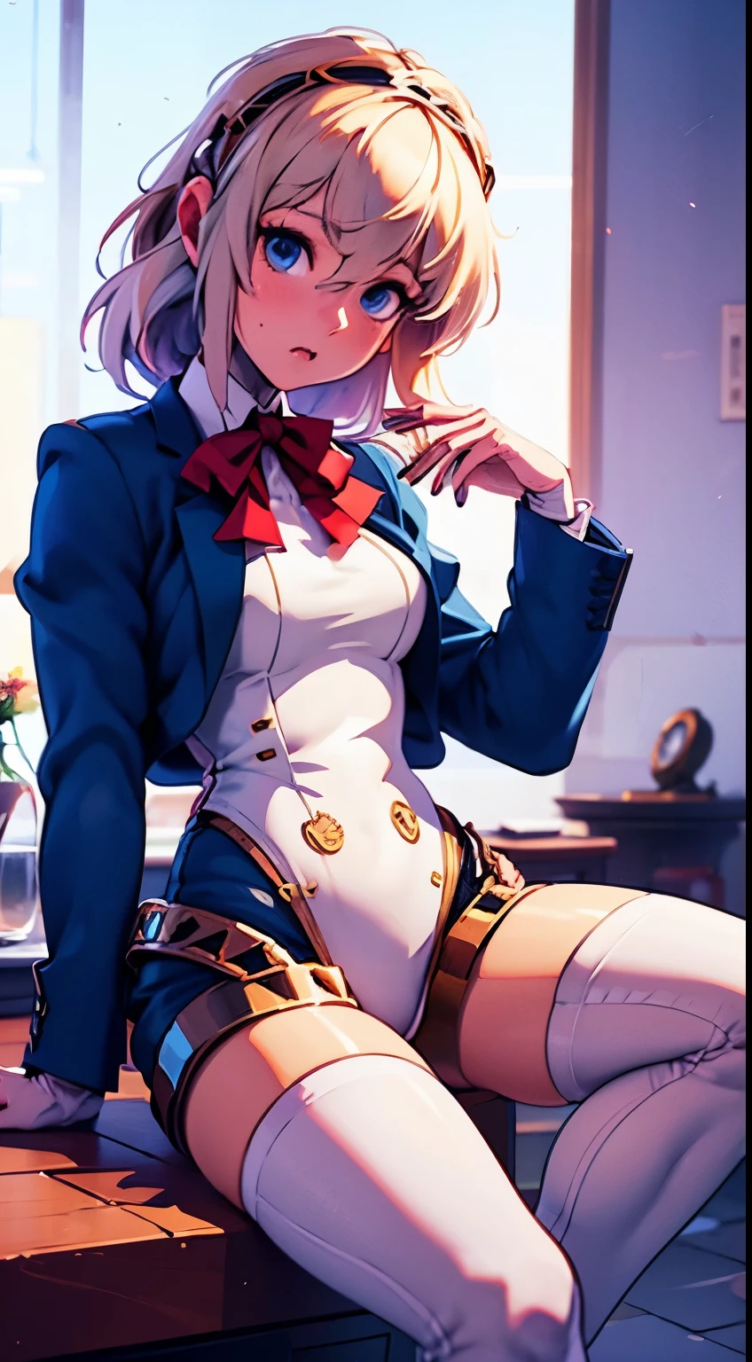 NSFW,masterpiece,Highest quality,High resolution,Very detailed,Helena Blavatsky\(Fate/grandorder\)、Purple Hair、short hair、(Purple eyes:1.1)、Shoulder Bare、belt、beret、ribbon、- Detachable collar、Removable sleeves、hat、leotard、紫色のhat、紫色のleotard、赤いbelt、白いribbon、White sleeves,Small breasts,library,Bookshelf,machine,(Embarrassed),blush,(Lustful face)