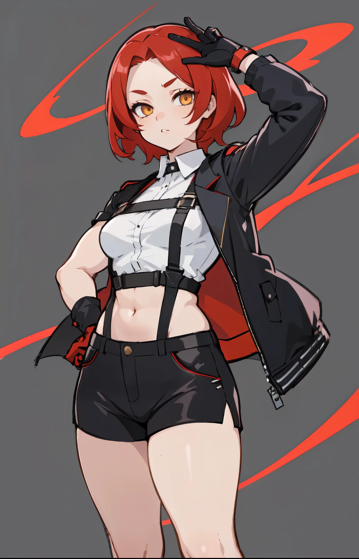 1girl, young woman, solo, short hair, Small hair, (forehead:1.2), yellow eyes, sharp ocular posture, (scarlet red hair), light brown skin tone, Athletic, muscular, medium breasts, (cropped jacket, black jacket), white shirt, collared shirt, (chest harness, shoulder strap:1.15), black leather shorts, pantyhose 7/8, garter belt, gloves, elegant, looking at viewer, standing, mustard color background, masterpiece, best quality, 4k