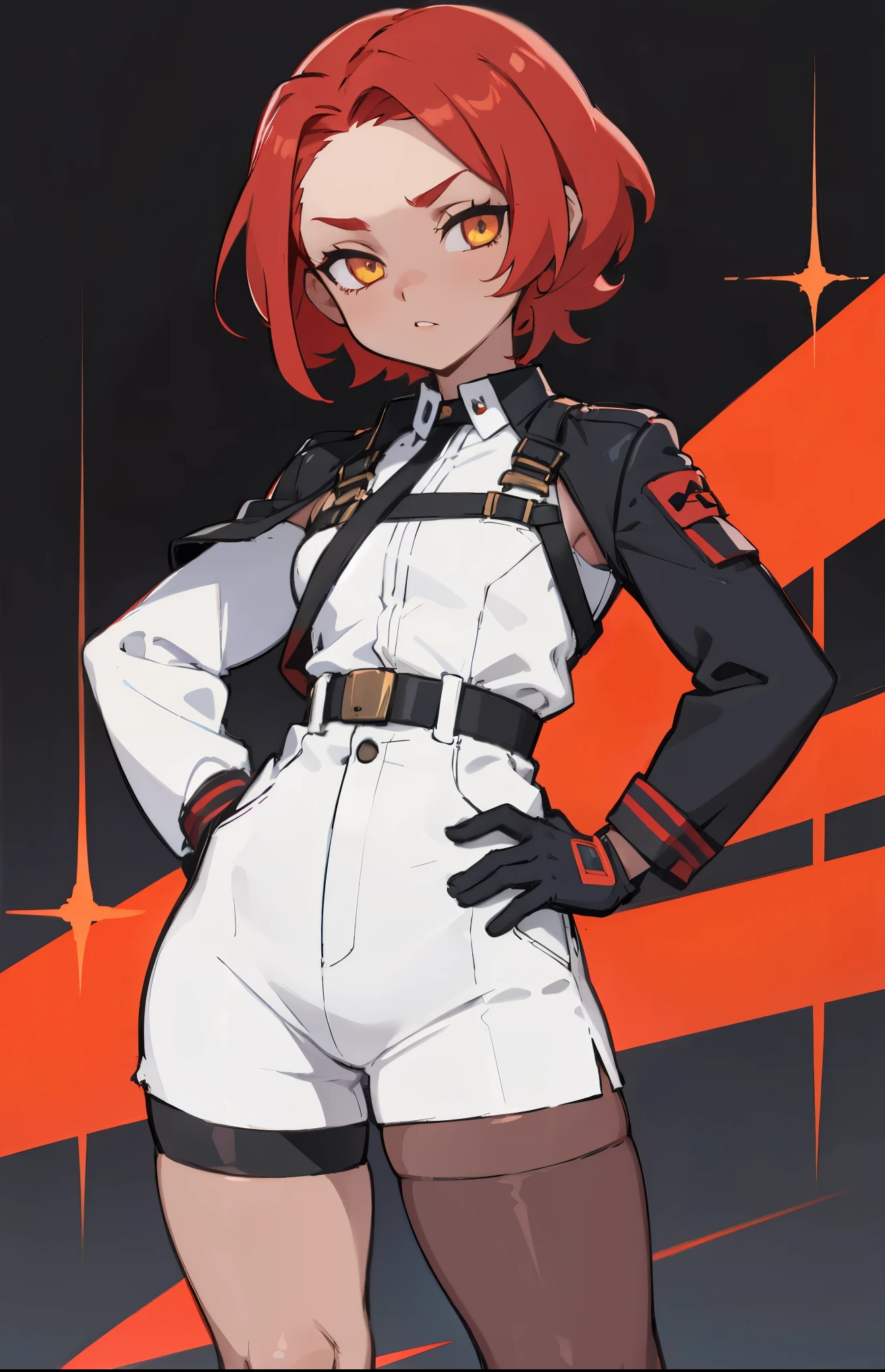 1girl, young woman, solo, short hair, Small hair, (forehead:1.2), yellow eyes, sharp ocular posture, (scarlet red hair), light brown skin tone, Athletic, muscular, medium breasts, (cropped jacket, black jacket), white shirt, collared shirt, (chest harness, shoulder strap:1.15), black leather shorts, pantyhose 7/8, garter belt, gloves, elegant, looking at viewer, standing, mustard color background, masterpiece, best quality, 4k