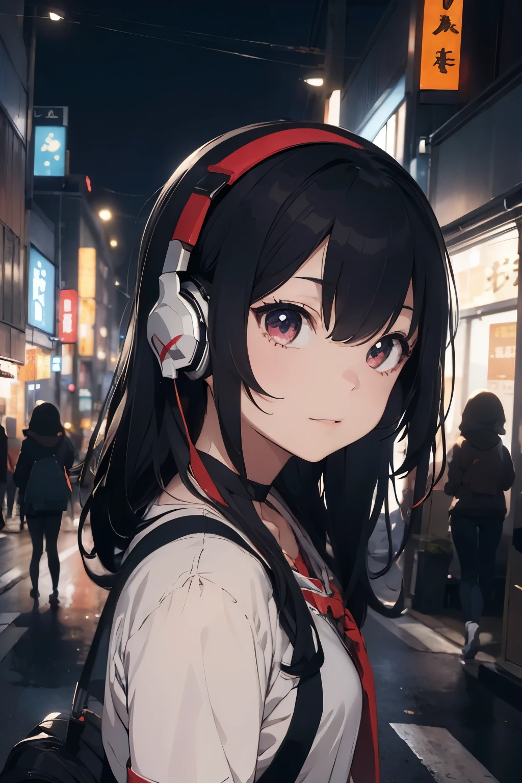((best quality)), ((masterpiece)), (detailed), perfect face, alternate girl, emo girl, anime style, emo style, headphones on head, girl listening to music, dark environment, nightly outside, tokyo lights