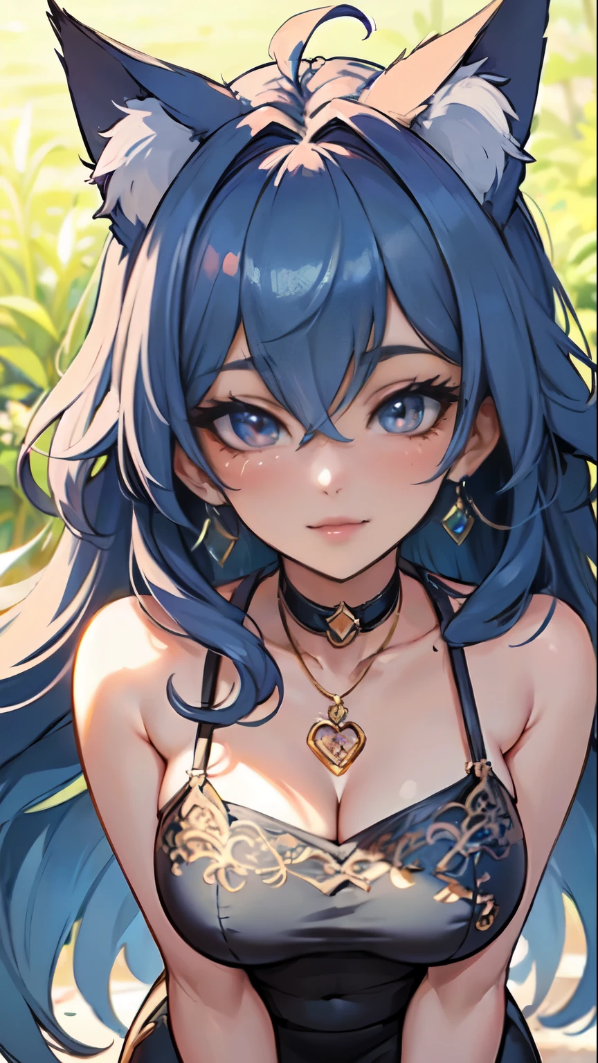 Masterpiece, beautiful art, professional artist, 8k, art style by sciamano240, very detailed face, very detailed hair, very detailed clothes, 1girl, perfectly drawn body, beautiful face, long hair, light blue hair , very detailed blue vertical cat eyes, square glasses, pouty lips , rosey cheeks, intricate details in eyes, extreme close up of face, see only head and neck, staring directly at viewer, wearing cute summer clothes, necklace, choker, earrings, pencil skirt, black tigh boots, wedding ring, smiling, in love with the viewer expression, sunny summer setting, walking outside,