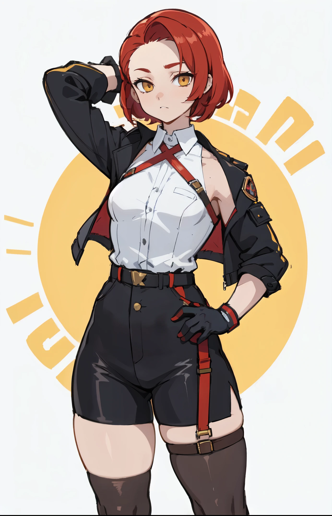 1girl, young woman, solo, short hair, Small hair, (forehead:1.2), yellow eyes, sharp ocular posture, (scarlet red hair), light brown skin tone, Athletic, muscular, medium breasts, (cropped jacket, black jacket), white shirt, collared shirt, (chest harness, shoulder strap:1.15), black leather shorts, pantyhose 7/8, garter belt, gloves, elegant, looking at viewer, standing, mustard color background, masterpiece, best quality, 4k
