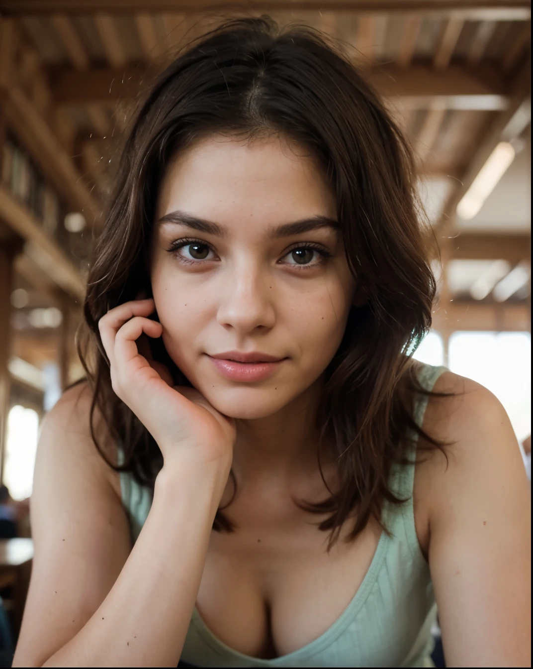 Cute beautiful sexy European light-green-eyed brunette, 22 years old,
sitting at a table in an old library,
tiny waist, very detailed, innocent face, face-length 1.3 times the face-width, almond-shaped eyes, squared face-shape, high cheekbones, naturally wavy hair, light-green eyes, high-res, masterpiece, best quality, intricate details, very detailed, sharp focus, detailed skin, realistic skin texture, texture, detailed eyes, professional, 4k, charming smile, shot with Canon, light depth of field, Kodak Vision color, perfectly fitting body, extremely detailed, photo_\( ultra\), photorealistic, realistic, post processing, maximum details, roughness, real life, ultrarealistic, photorealism, photography, 8k UHD, photography
