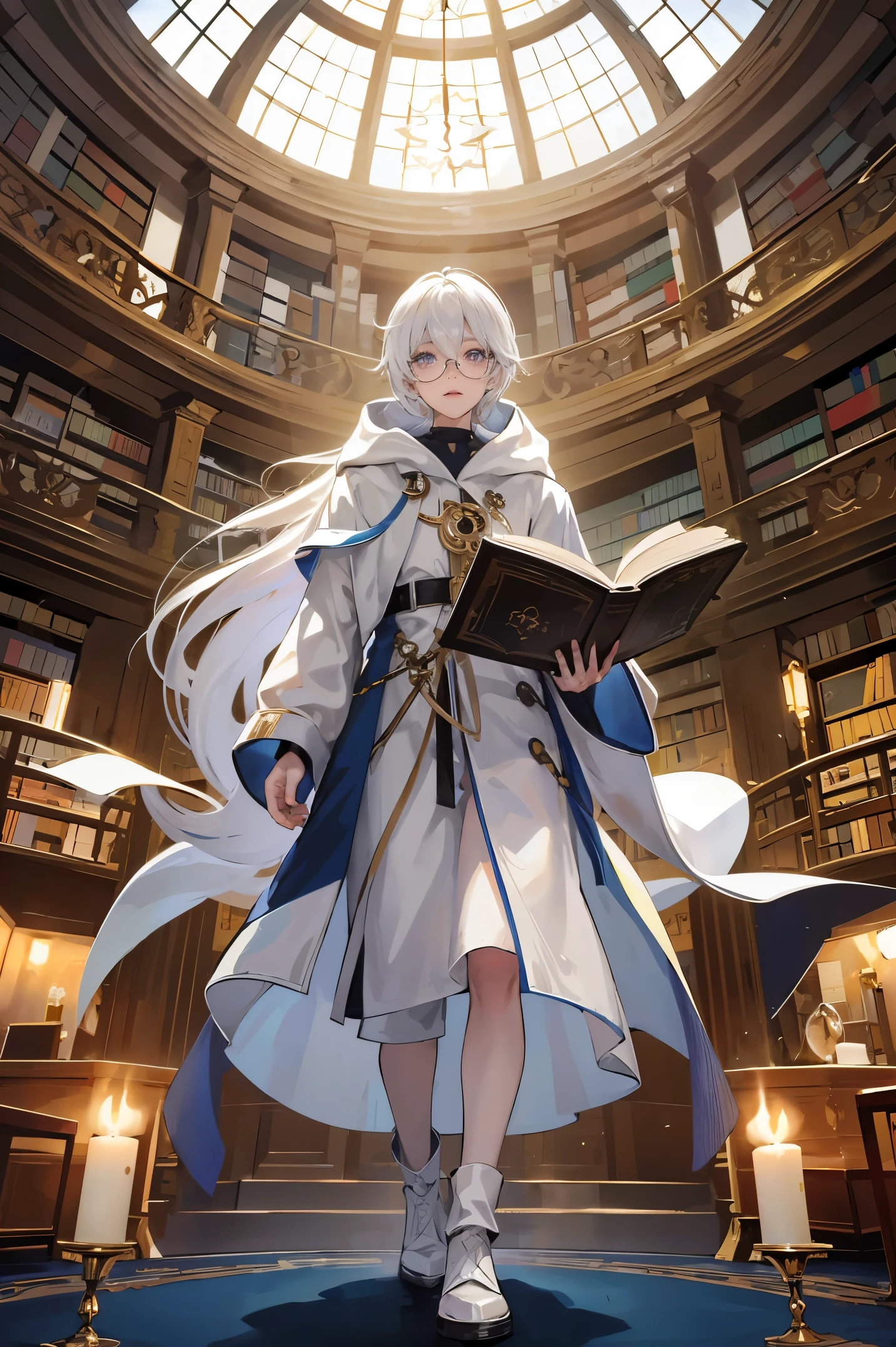 an androgynous hooded boy with long white hair stands inside a large library and holds an open book, the boy is wearing glasses, the library is lit by candles and filled with books stacked on the floor, with a large round window in the background showing the galaxy with a constellation, Perfect lips, symmetrical face, olhos realistas, pele de porcelana, HDR, UHD
