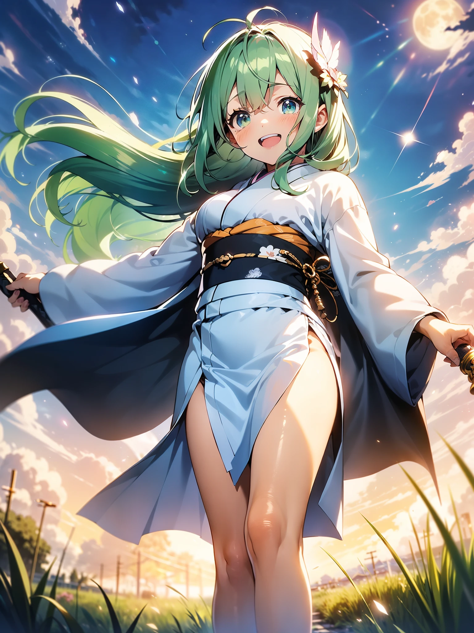in 8K、top-quality、masterpiece、ultra-detailliert、Ultra-high resolution、Anime style、1 kimono boy、校服、Pampas grass steppe、fullmoon、moonlights、Check kimono、kimono flipping in the wind、dance、A delightful、perspiring, kimono, green hair, green hair, eyelash, happy, butterfly, holding a sord, sword style, action pose.
