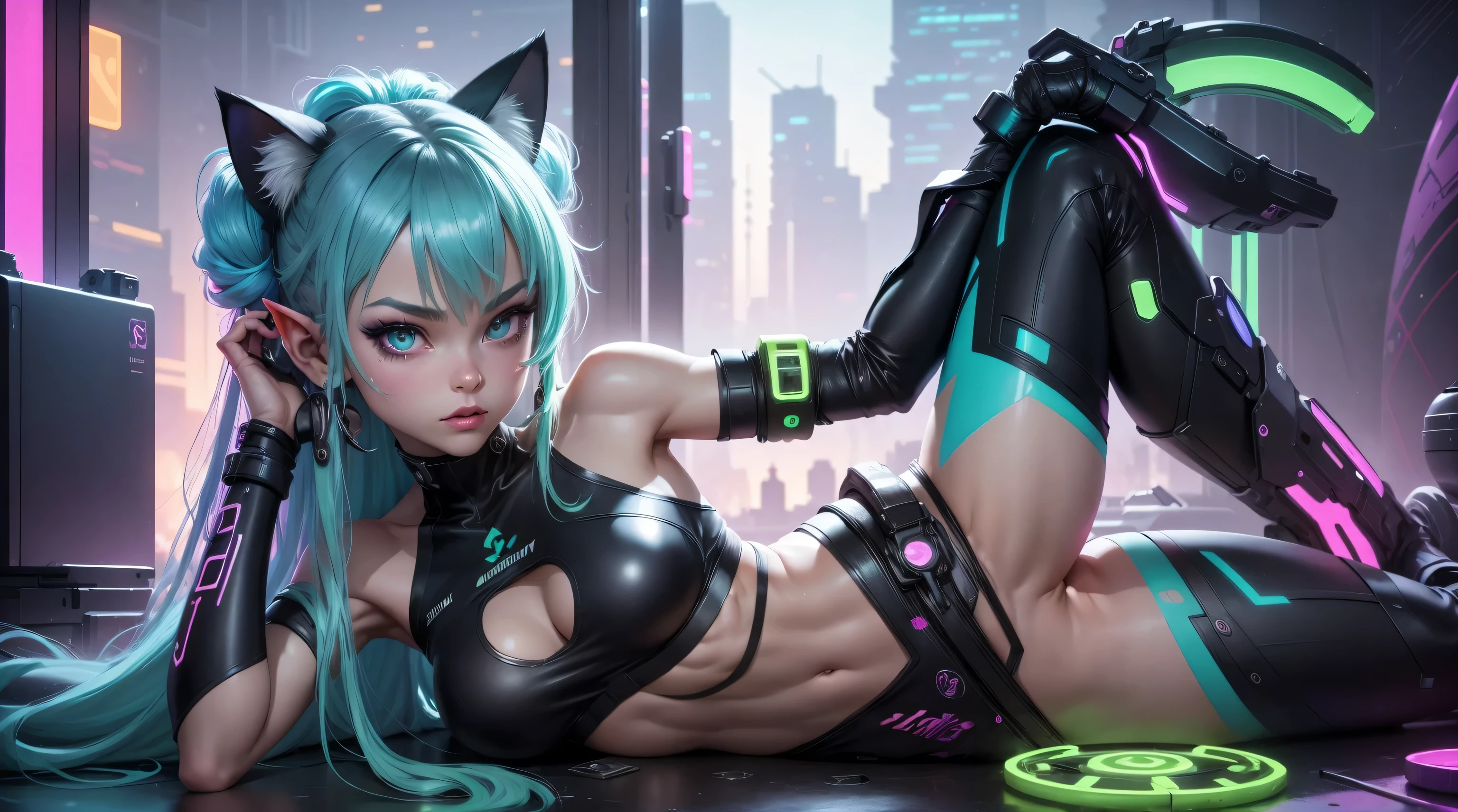 a beautiful girl, rainbow color, , with cute face and long hair, cyberpunk city, city, very detailed, Ethereal Cyberverse, Extreme abs a beautiful girl, rainbow color, cat ears, planets, , with cute face and long hair, cyberpunk city, mega robots, high technology, city, very detailed, Ethereal Cyberverse, Extreme abs, Cybernetic Frequential Fusion, two beautiful skinny elf girls, rainbow color, neon grean and teal haircolor, space buns, cute face, giant green and black octopus tentacles touching the girls, extreme abs, cute face, rainbow colors, city, cityscape, ancient ruins, beautiful girls, cute face, desert, cute face, long neon colored hair, cat ears, extreme abs, rainbow colors, laboratory, desert oasis, cute face, water, detailed scene, futuristic style, rainbow colors, neon green detailes, in a e-girl room with a lot of stuff on the walls, neon blue extremely long hair, cute face, extreme abs, very skinny, futuristic style, computer, cute face, cluttered room, art paintings, neon signs, window, drow elf, extreme abs,