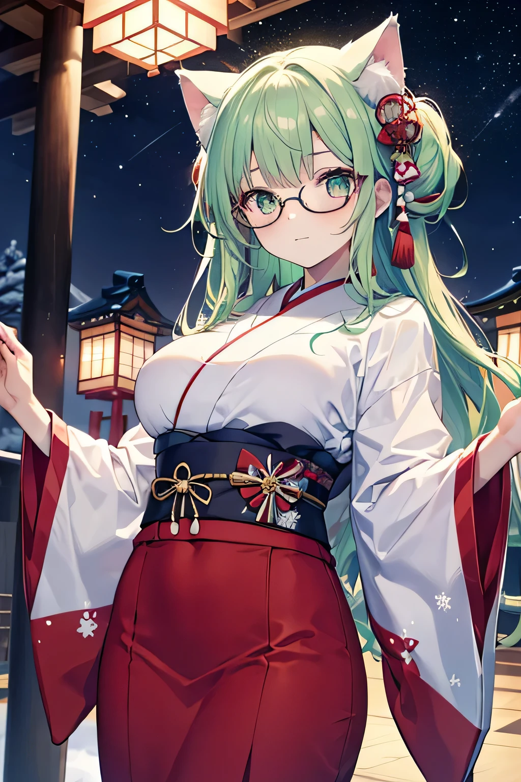 ((masutepiece)), ((Best Quality)), ((8K)), High resolution, 1girl in, Cat ears, pale skin, Green eye, Glasses, multicolored hair, Large breasts, harbour, yuki, Winters, Starry Night, ((komono)), santa costume