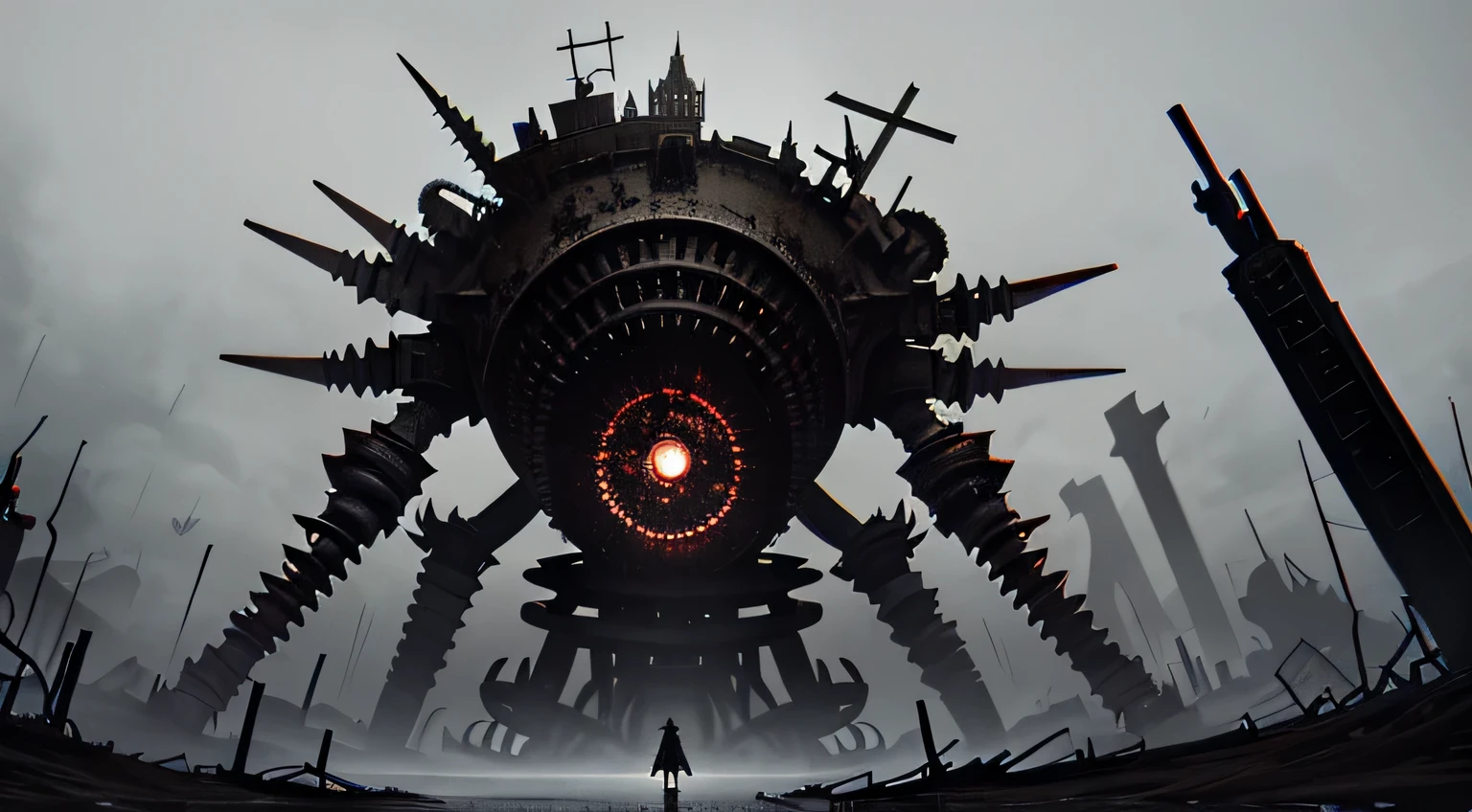 horror art, A gloomy world, Dark Fantasy, ((full-length portrait)), dark machine gun girl, ((dark brown skin)), sharp white helmet, dark mechanisms, ((massive rings on hands)), (holding a massive needle), a lot of black liquid, Distortion, abandoned world, (highly detailed abandoned medieval cityscape), grey mist